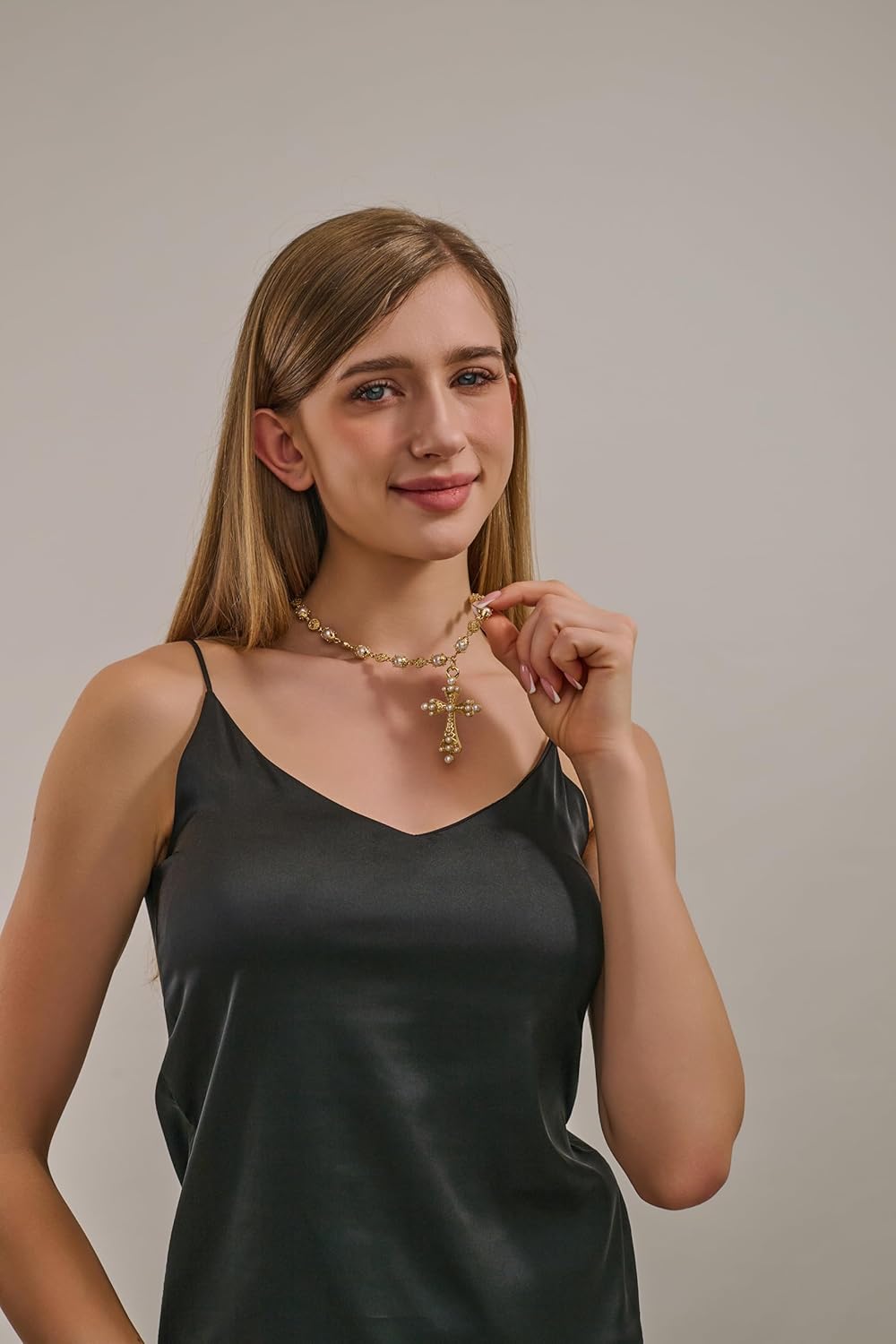 Gold Cross Pearl Necklace for Women Gothic Cross Necklace Exaggerate Large Cross Necklace Punk Chunky Statement Jewelry Gift for Her - Image 3