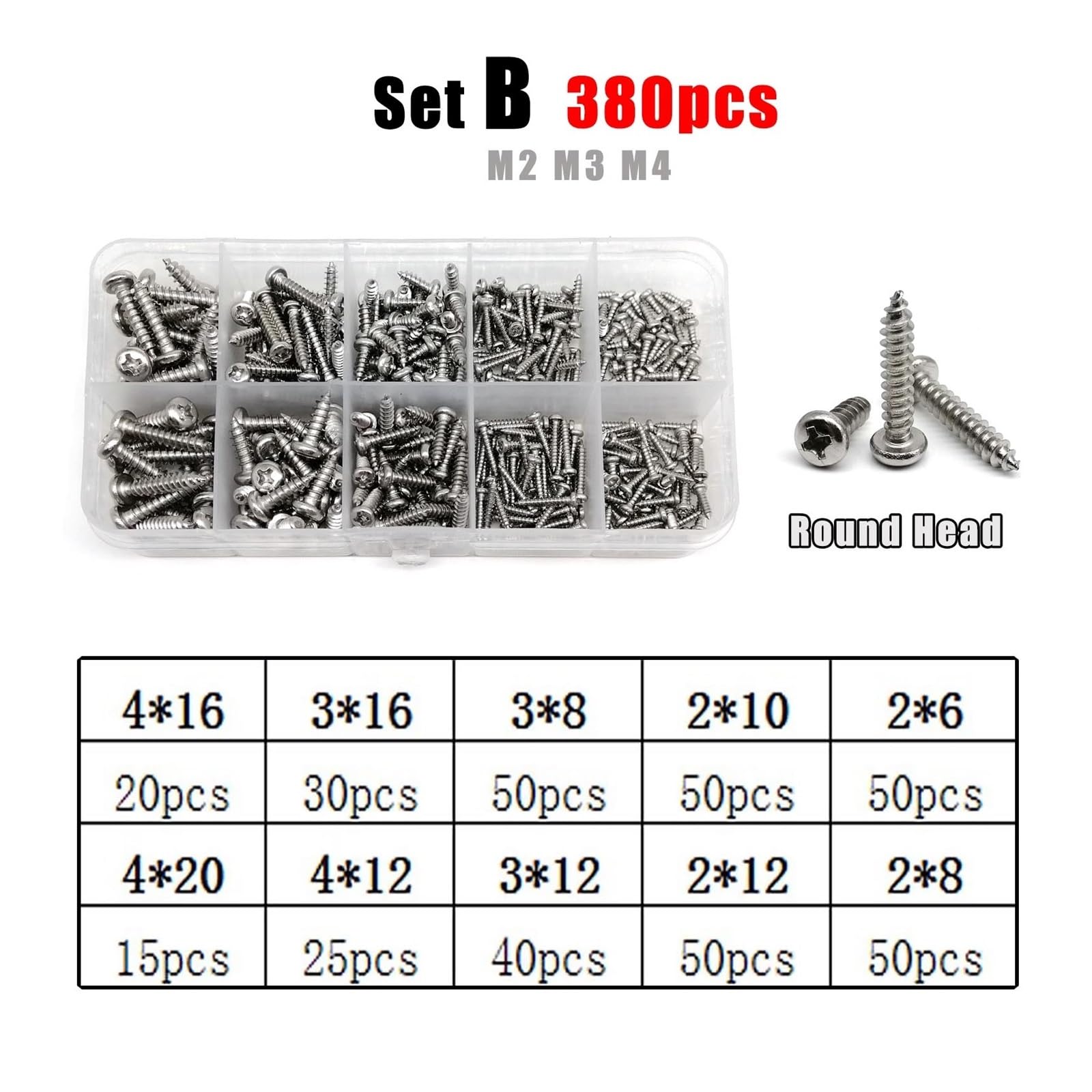Kit D'assortiment De Vis À Bois Autotaraudeuses M1.2 M1.4 M1.7 M2 M3 M4, Tête Cylindrique Phillips En Acier Inoxydable 304 A2 Avec Boîte De Rangement(Set B 380pcs)