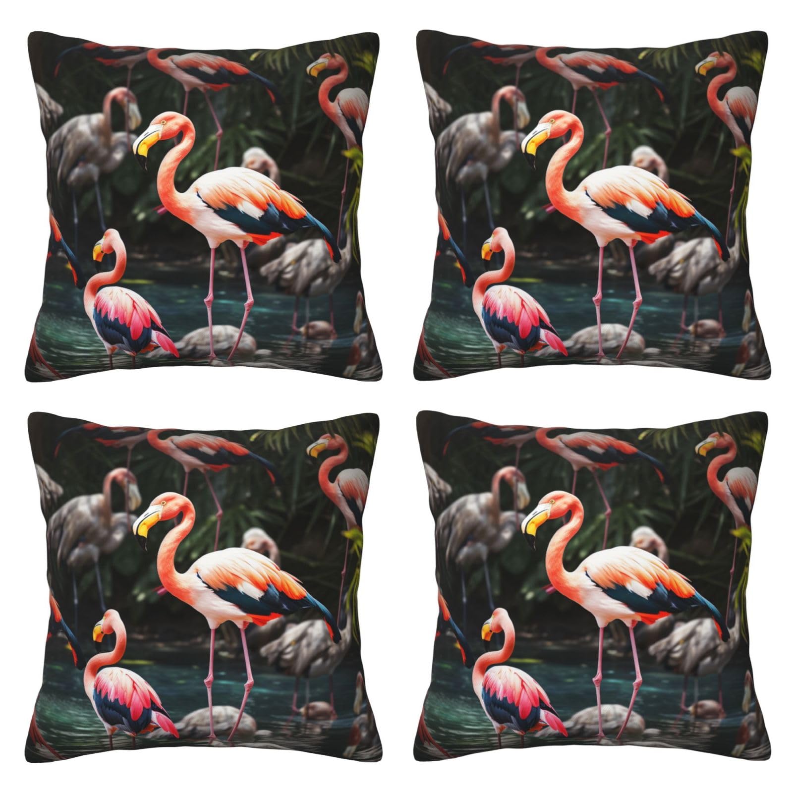 Flamingo Tropical Wildlife Throw Pillow Cases 4 Pack Square Pillowcases Super Soft Pillow Protectors With Zipper for Couch Livingroom Sofa Bed Office Car,50x50 CM