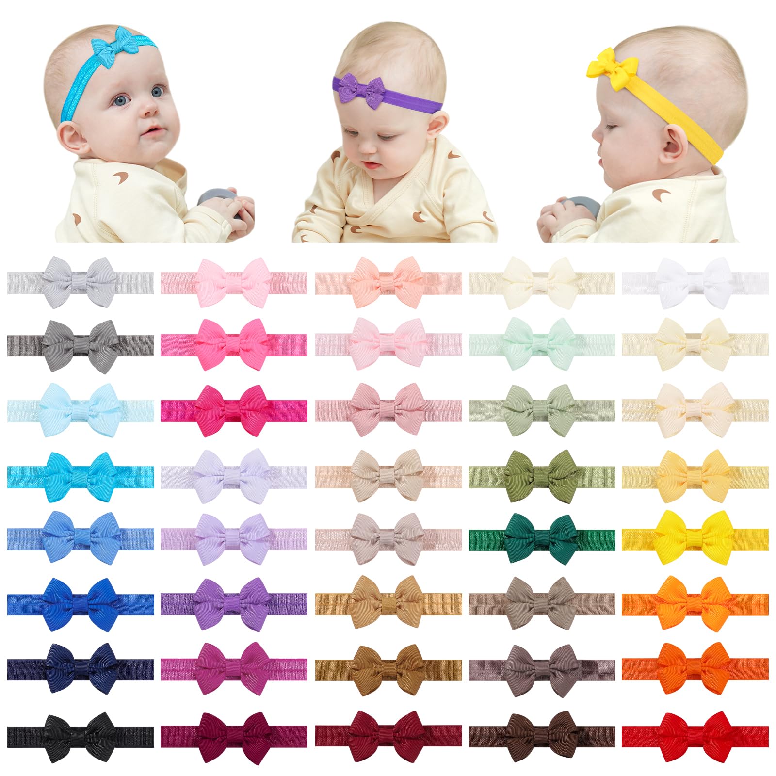 jollybows 40pcs Baby Girls Bows Headbands Elastic Hairband Ribbon Bow Hair Accessories for Newborns Infants Toddlers and Kids Style B