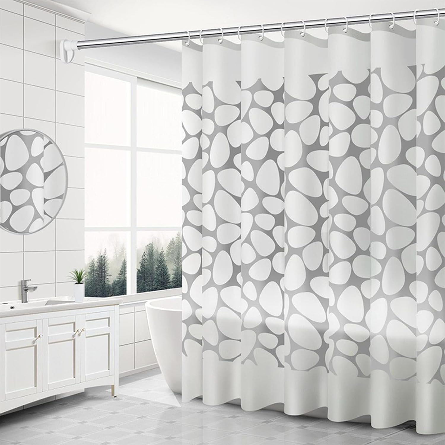 Durable Plastic Bathroom Shower Curtain with Cobble Pattern, High-Definition Print, Reinforced Grommets, Easy to Hang, White, 180x180cm, Includes 12 Rings, Suitable for Home, Hotels, and More.