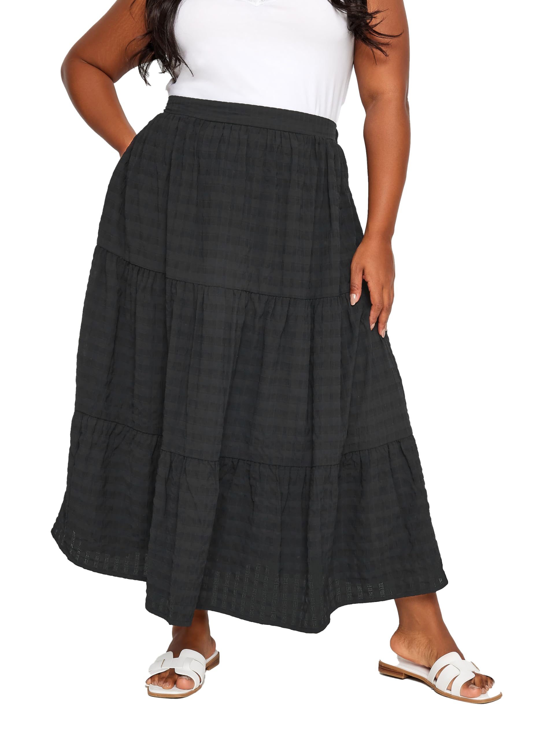 Yours Women's Black Curve Tiered Checked Midi Skirt - Plus Curve 26-28 Plus