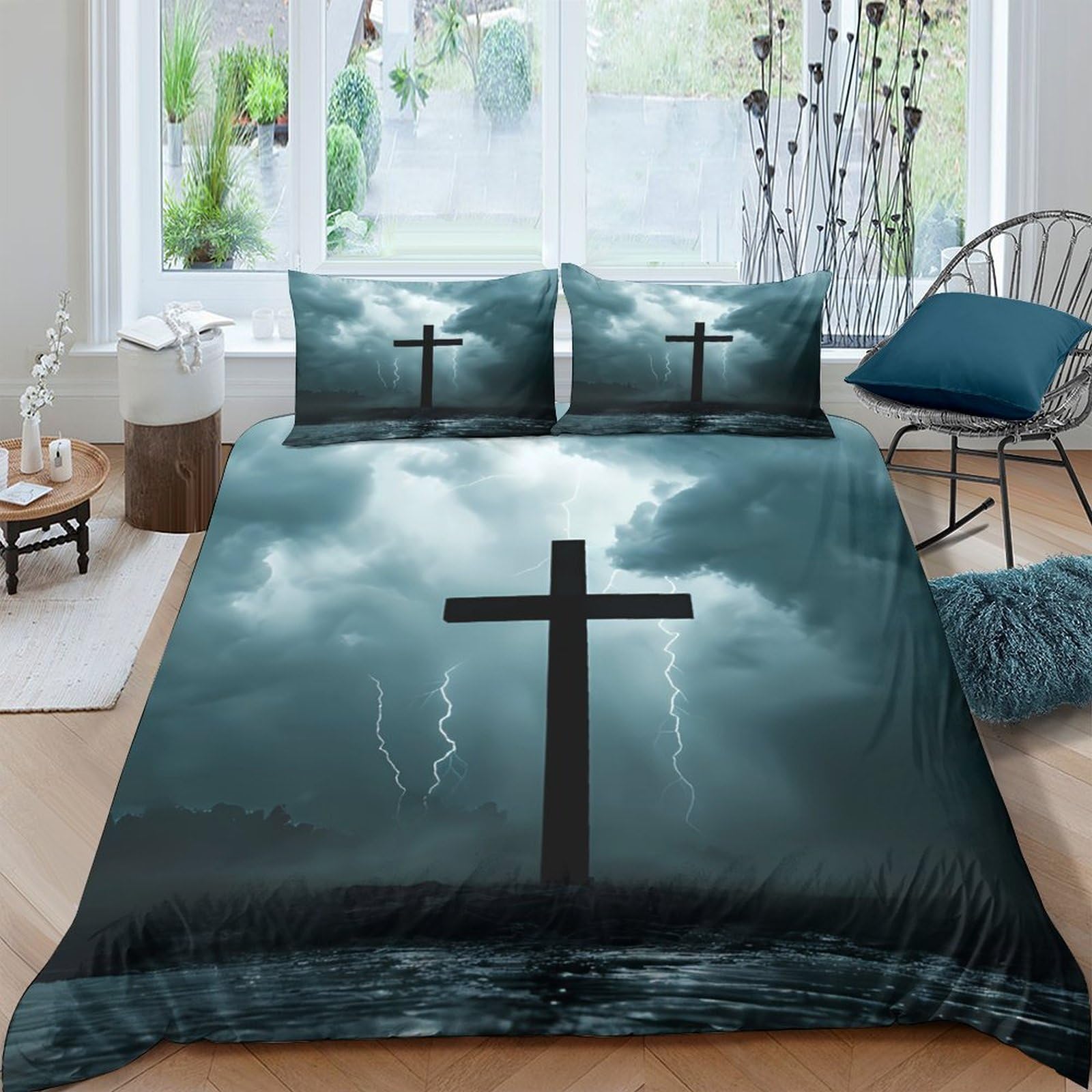 Unrxjzlvm Style-7 Cross Storm 3D Duvet Cover Set Microfiber Teen Room