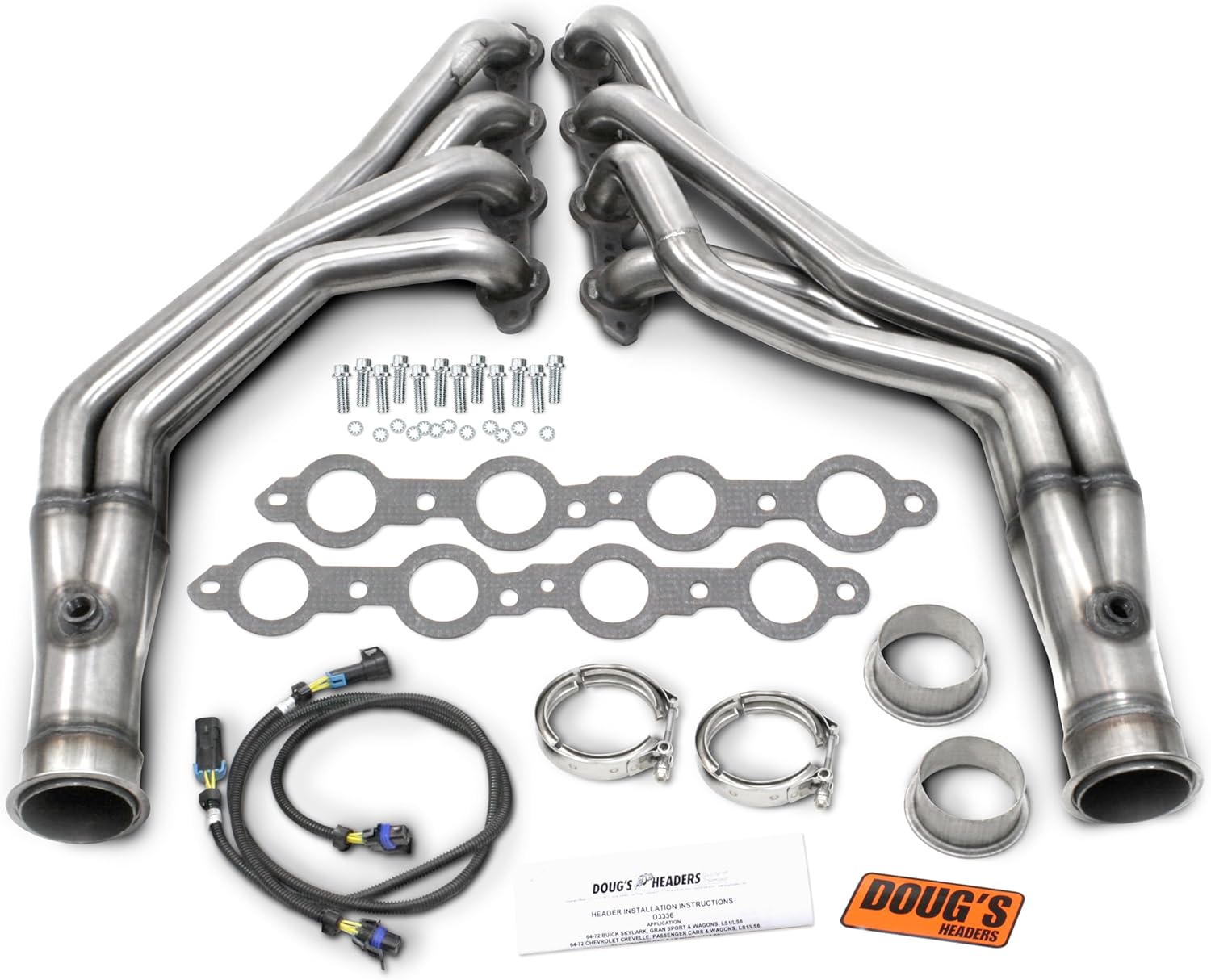 Doug's D3336-SS Polished 304 Stainless Steel Exhaust Long Tube Headers for 64-72 GM A Body with 4.8-6.2L LS Engine Swap, 1-3/4" Primary, 3" Collector