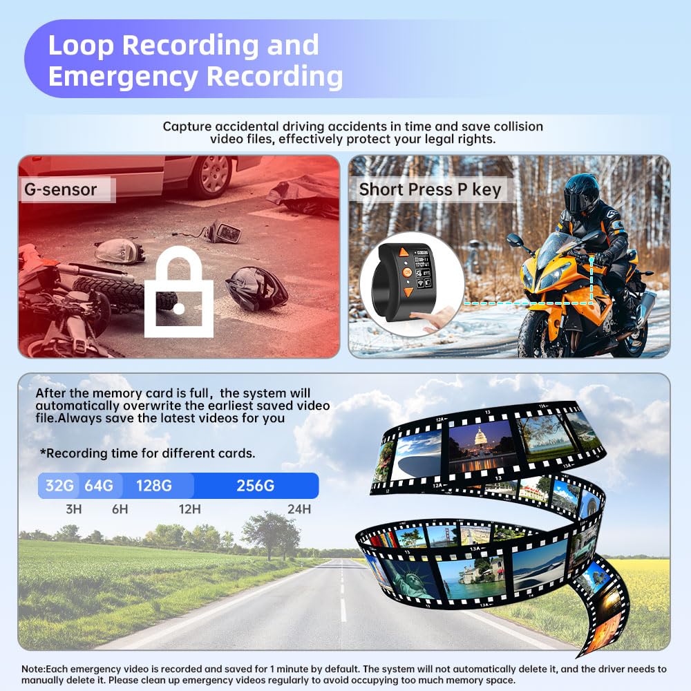 VSYSTO Moto Dash cam, 5G WiFi téléchargement vidéo haute vitesse, contrôleur de câble OLED, étanche starlight nuit vision HD 1080P avant et arrière caméra, affichage de la température