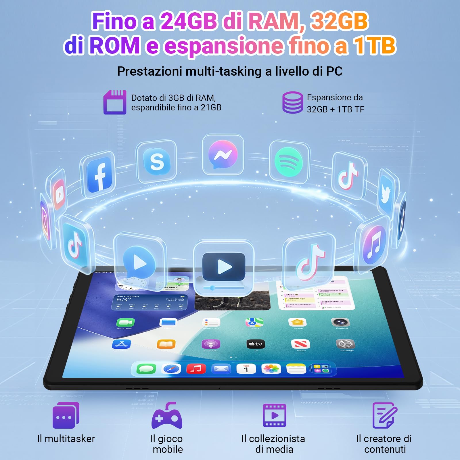 Gleeso Tablet 10 Pollici｜Tablet con Android 16｜Android Tablet con 24GB RAM 1TB TF｜6000mAh｜Sblocco Facciale｜BT 5.4/WiFi 5G｜8MP Fotocamera, Portatile Tablet per Studenti e Aziende - Nero