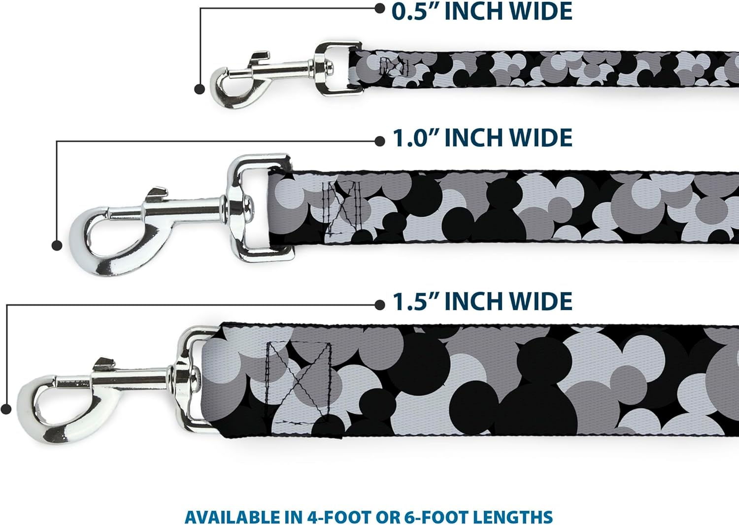 Buckle-Down Dog Leash Mickey Mouse Head Stacked Black Grays Available In Different Lengths And Widths For Small Medium Large Dogs and Cats, 4 Feet Long - 1.5" Wide