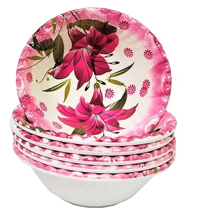 Melamine Bowls, 5-Inch Pasta Bowls, Salad Bowl, Dishwasher Safe Dinner/Cereal Bowls (Pink Flower) (Set of 6)