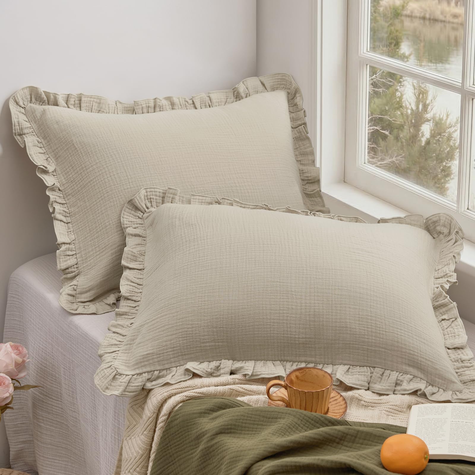 phf cotton muslin ruffle pillow shams standard size, 26" x 20", 2 pack 3-layer gauze pillow cases, no filling, ultra soft breathable pillowcases for vintage decor, taupe