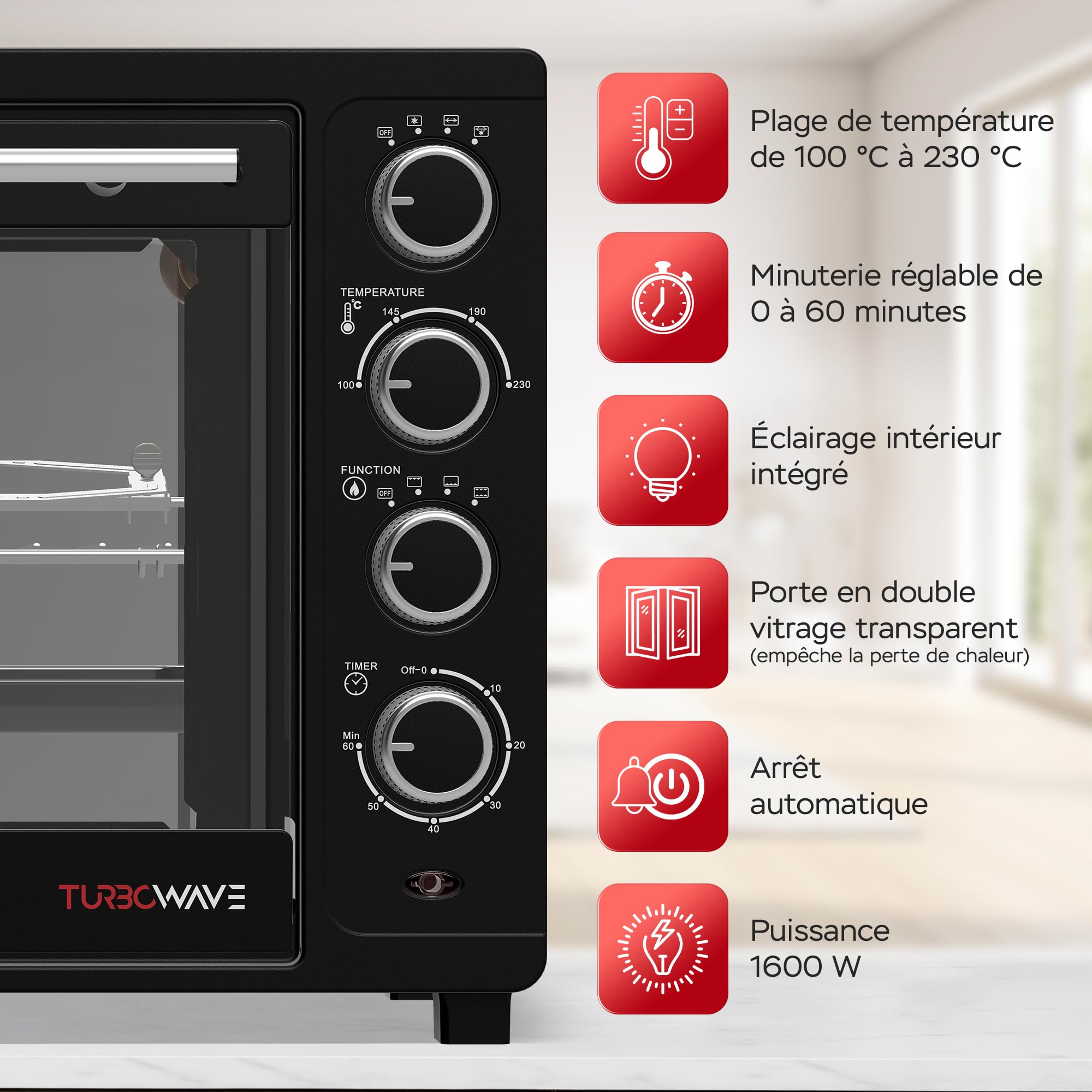 TurboTronic Mini Four à Convection avec Rôtissoire, 35L, 1600W – Four Compact Multifonctions Idéal pour Pizza, Camping et Cuisine Maison, Inclus 2 Plaques de Cuisson