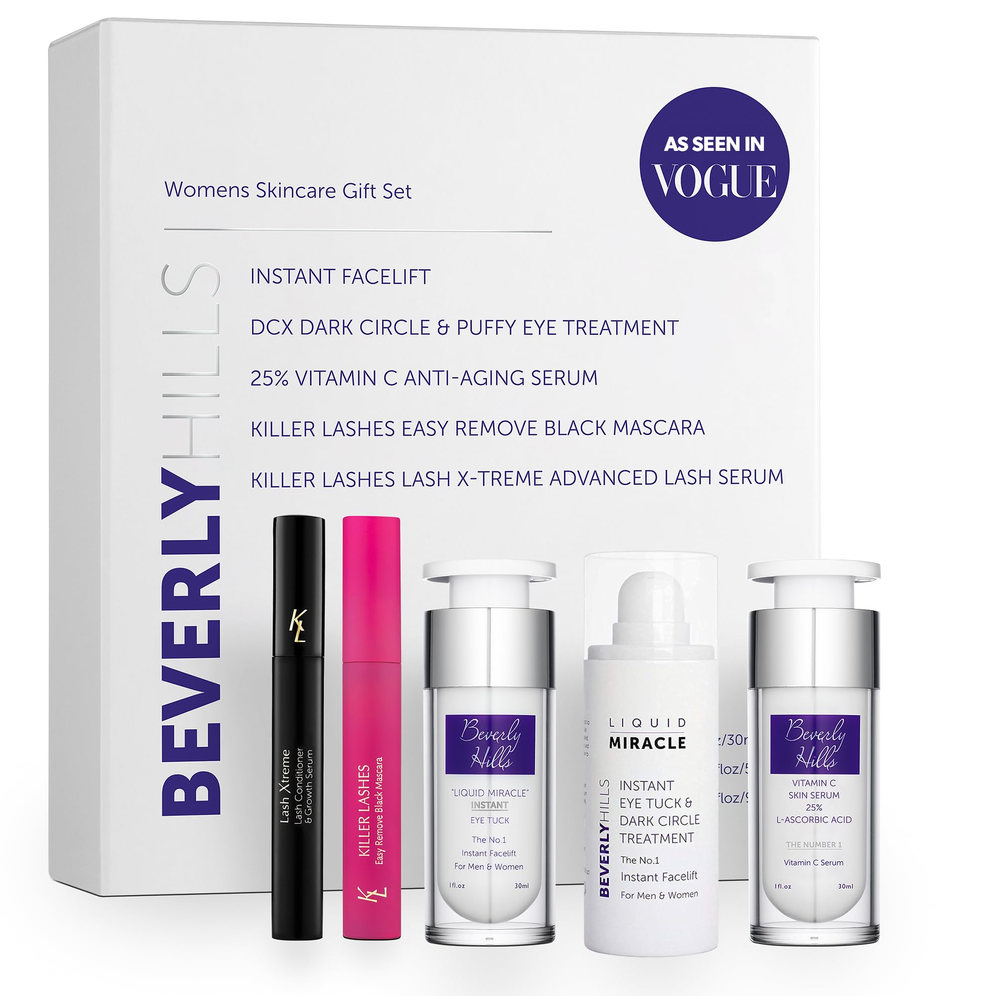 Skin Care Set for Women - Instant Facelift, Anti Aging Face Serum, Eye Cream for Dark Circles, Eyelash Serum, and Black Mascara