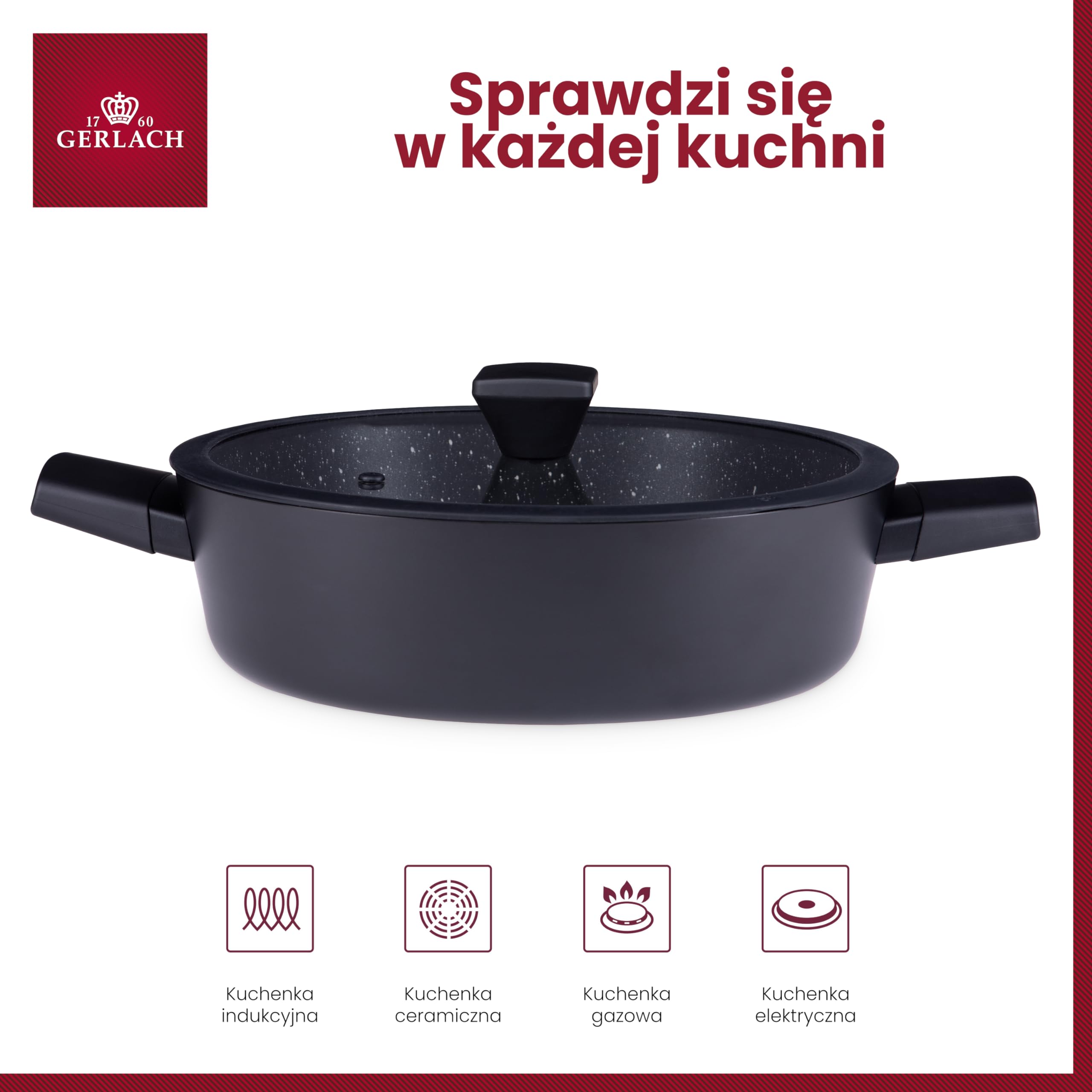 Gerlach Granitex Garnek Z Powłoką Ceramiczną Garnki z Pokrywką Indukcja Elektryczne Gazowe Ceramiczne Kuchenki Czarny 28 cm 4,4L