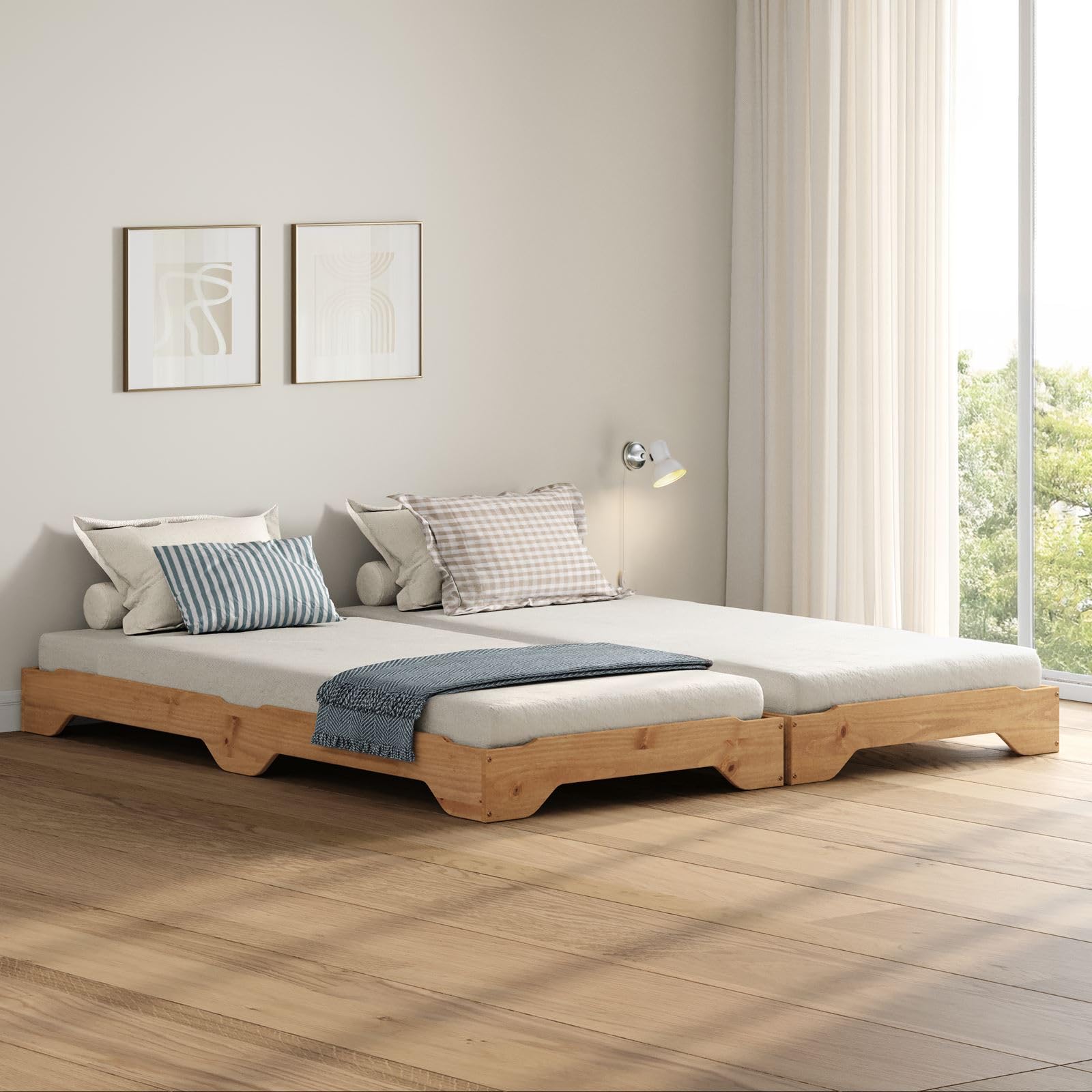 IDIMEX Stapelbett 2er Set Gästebett Ronny Einzelbett Stapelliege Kiefer massiv Eichefarben Bett 90x200 cm Kinderbett Jugendbett