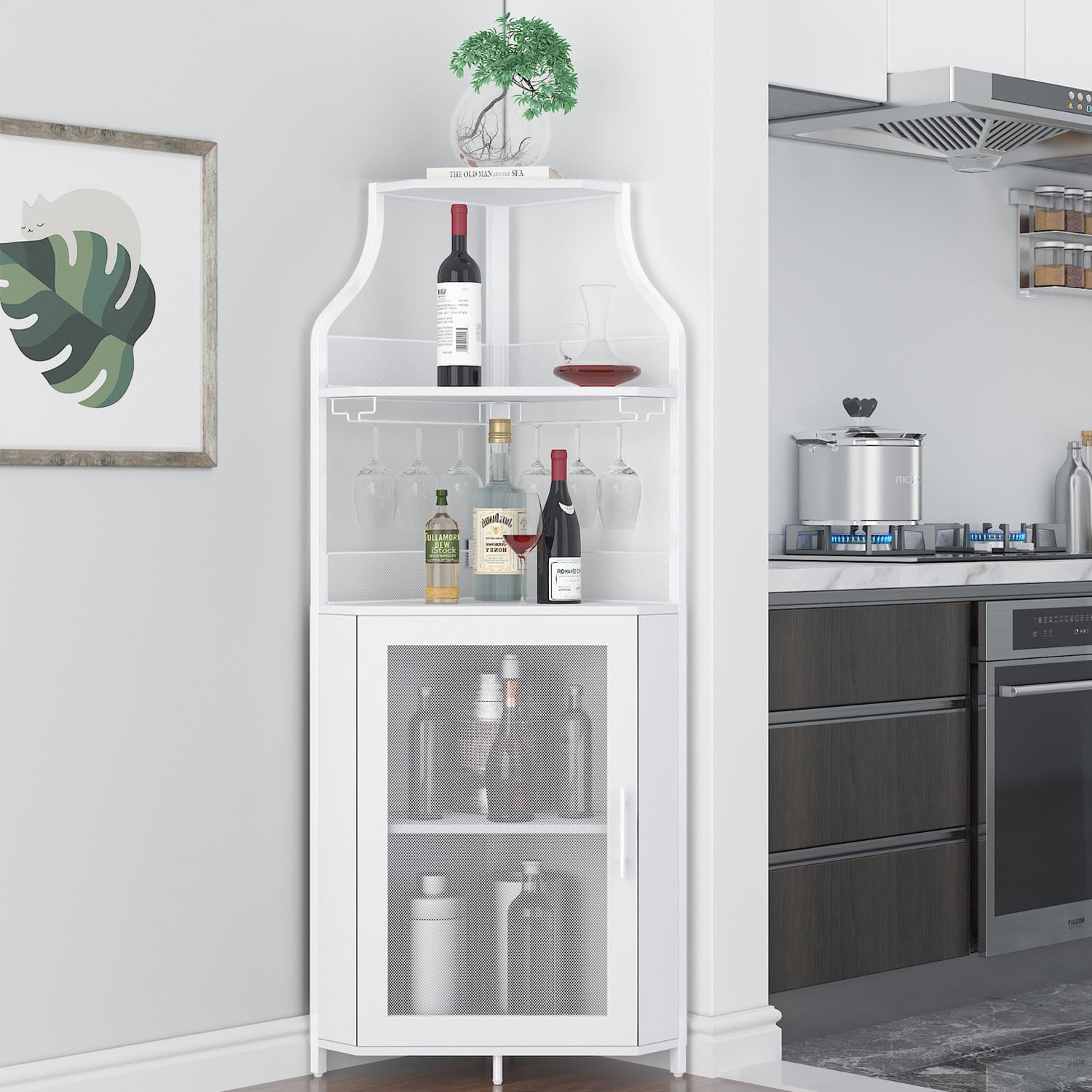GAOMON Corner Wine Bar Cabinet with Large Storage Space and Removable Wine Rack, Coffee Bar Cabinet with Glass Holder and Mesh Door, 4-Tier Liquor Cabinet Bar, Gold