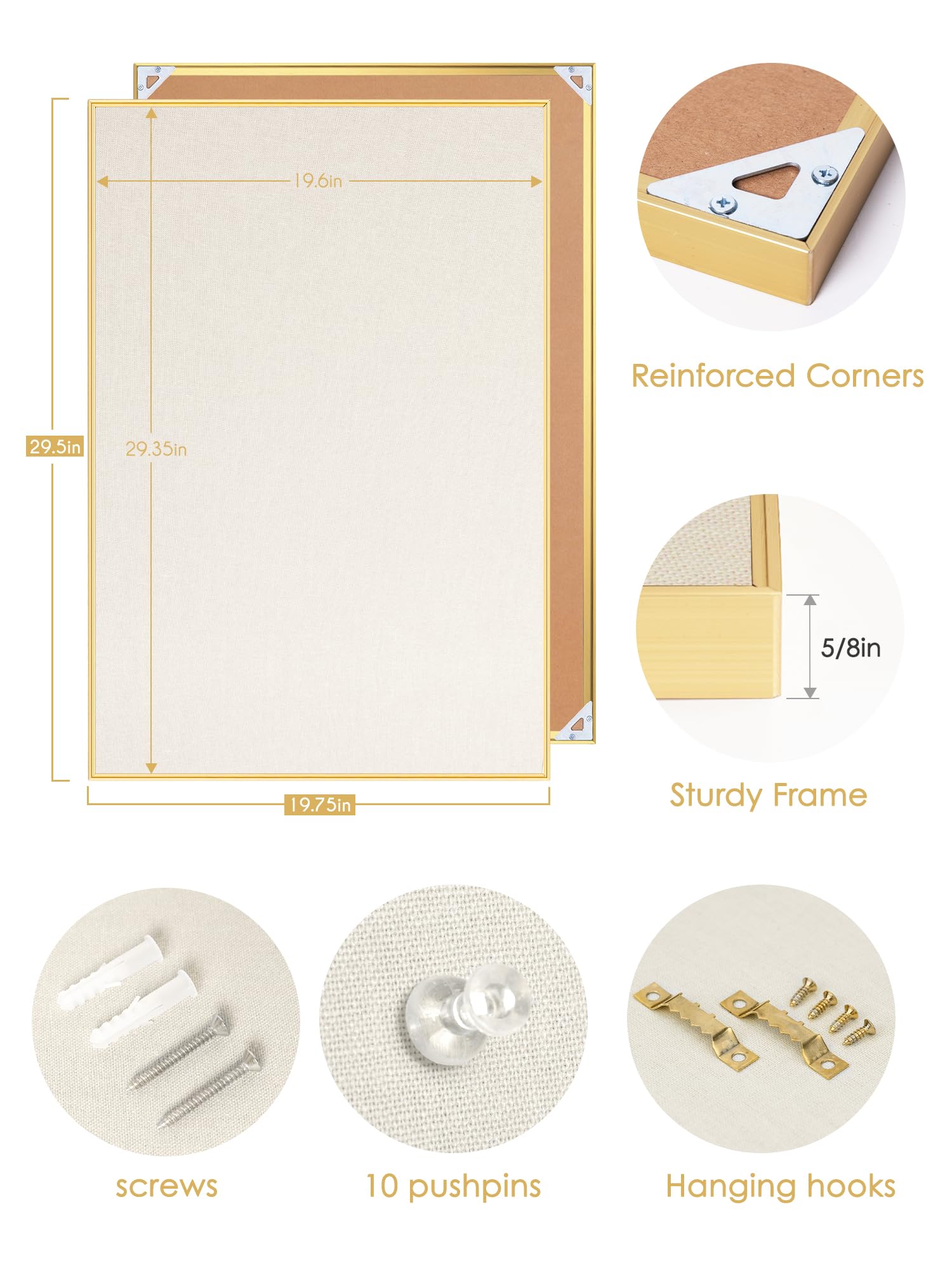 Tablica ogłoszeń 76 x 50 cm, biała tablica z płatkami owsianymi, złota aluminiowa tablica korkowa z tkaniny z 10 pinezkami