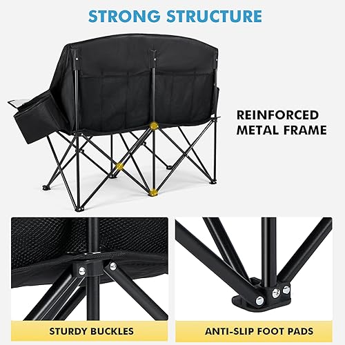 Miniatura 6 de Silla de campamento doble para adultos, silla plegable al aire libre con 2 bolsas enfriadoras, soporta 500 libras, silla de campamento resistente