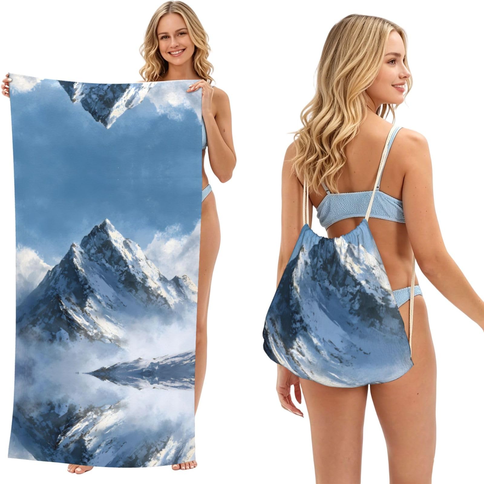 ESNAIUVCD Snow Mountain Print Beach Towel For Adults,Towel With Drawstring Bag, Travel Pool Swimming Sports Shower Sand Free Quick Dry Bath Towel For Pool, Beach, Yoga- 180x60cm