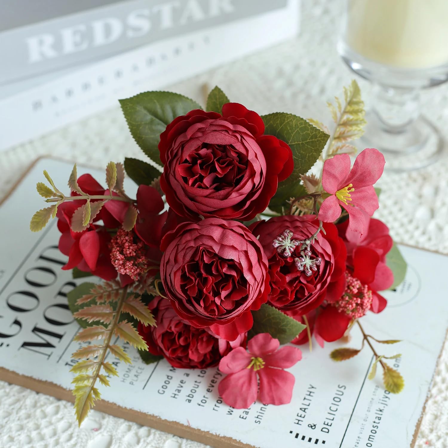 Vase d'hortensias et pivoines artificielles sans entretien pour table et chambre