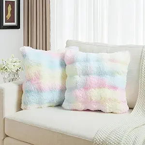 FUTEI Rainbow Decorative Throw Pillow Covers 18x18 Inch Set of 2,Soft Fuzzy Faux Rabbit Fur Cushion Covers with Raised Texture,Neutral Boho Home Decor for Couch Bed Living Room