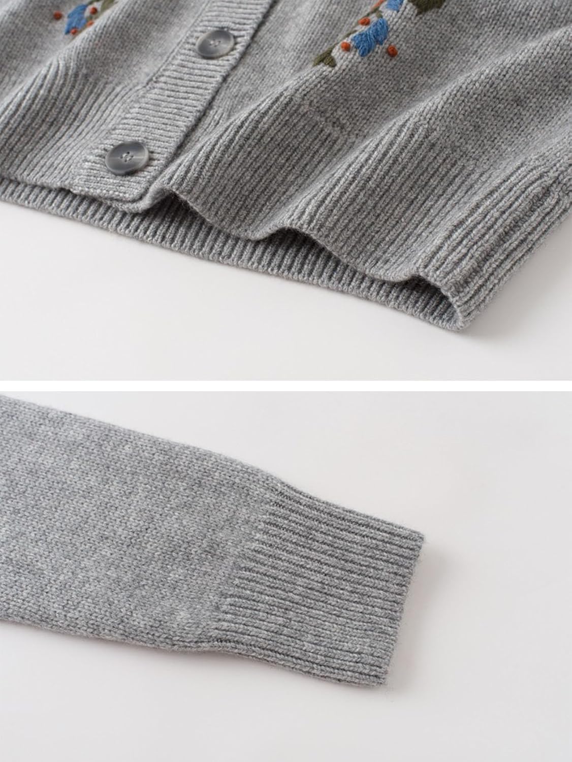 HangErFeng Women Wool Cashmere Blend Cardigan Hand Embroidered Floral Round Neck Grey Soft Warm Sweater 1991 image 4