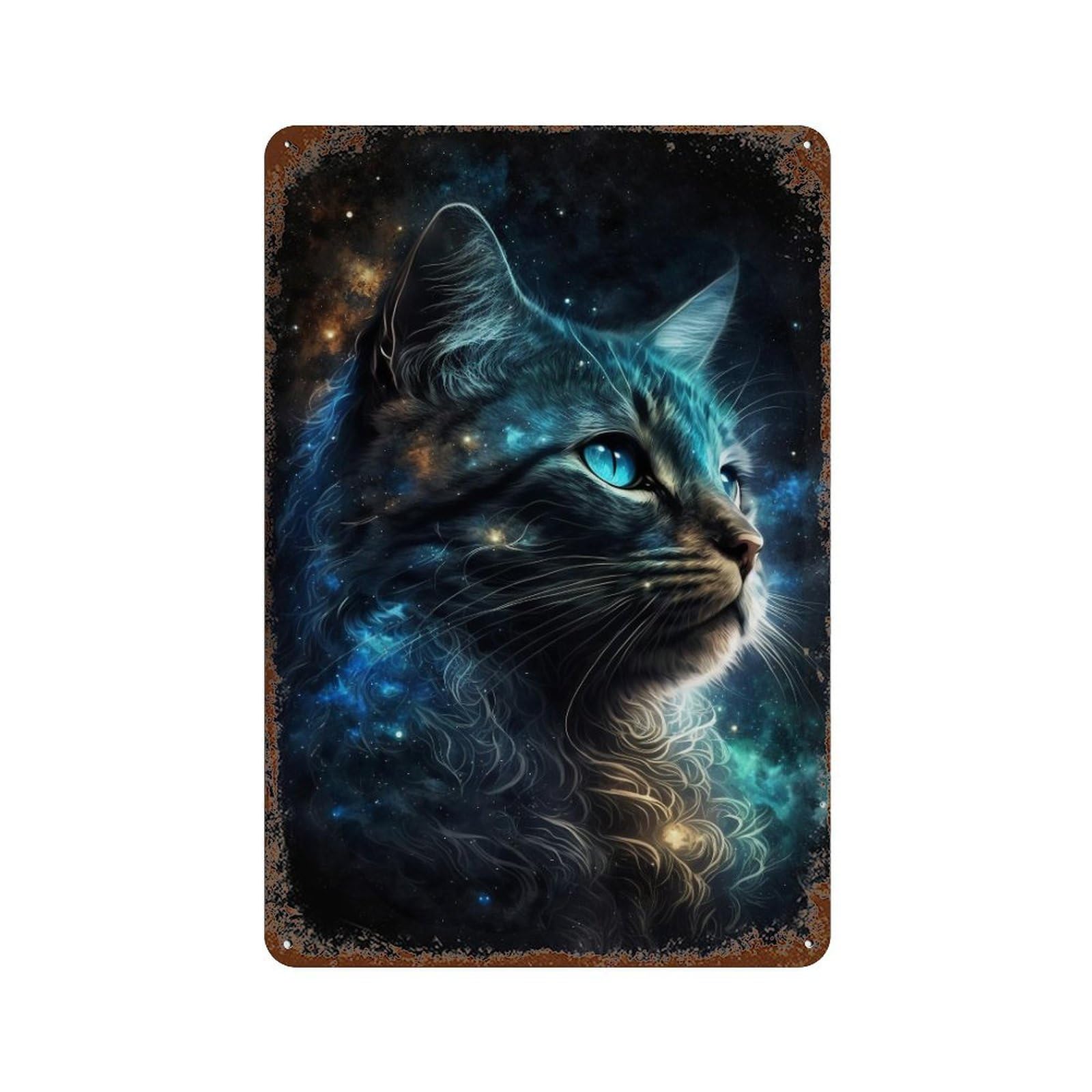 Cosmic Cat Portrait-1 Distressed Metal Wall Sign 11.8"x7.9", Rustic Home Decor for Living Room, Hallway And Home Decor