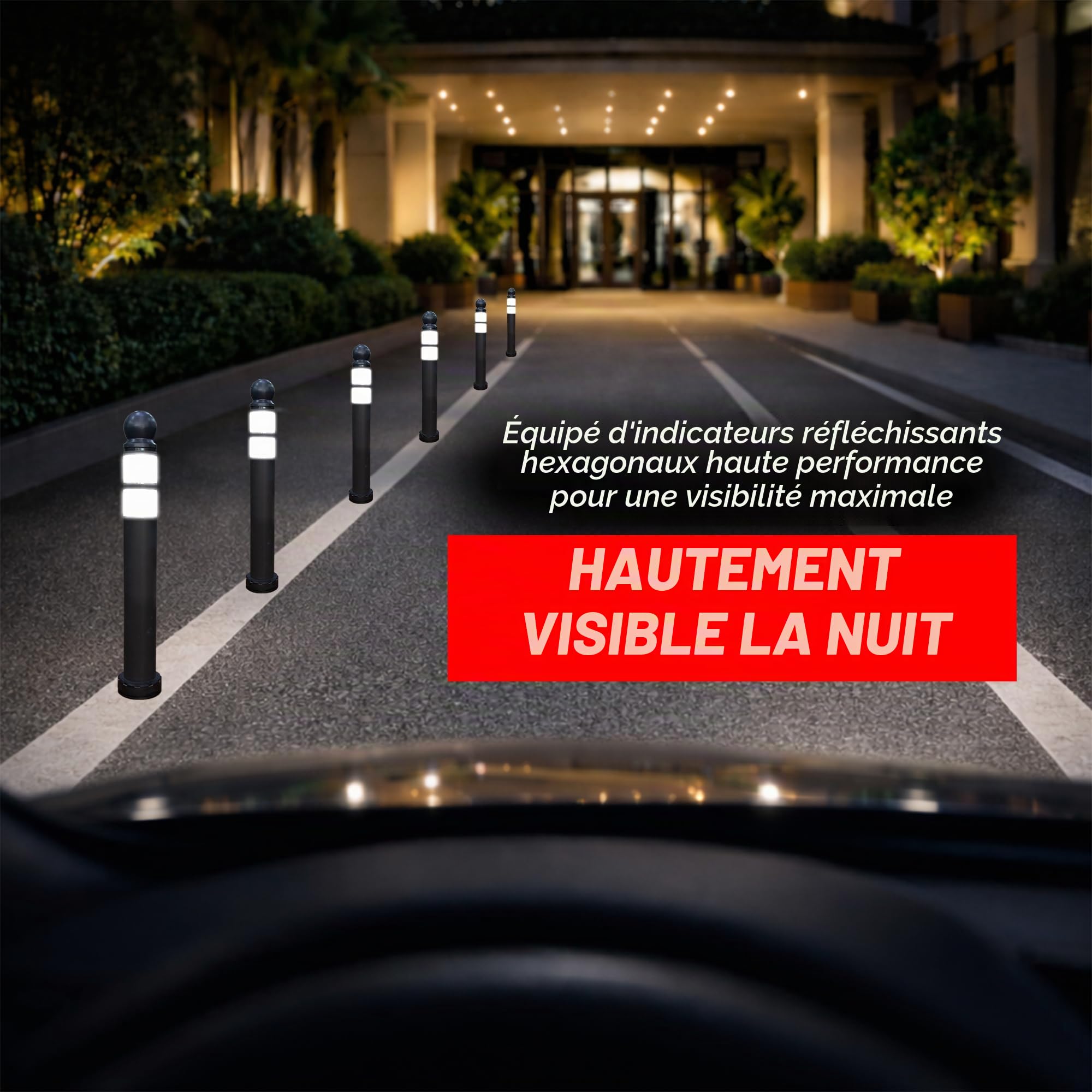 Délimiteur de circulation anti-stationnement de 68 cm | Barrière de sécurité réfléchissante noire avec tête sphérique | Poteau de refuge flexible en TPU avec base démontable, vis et ancrages pour