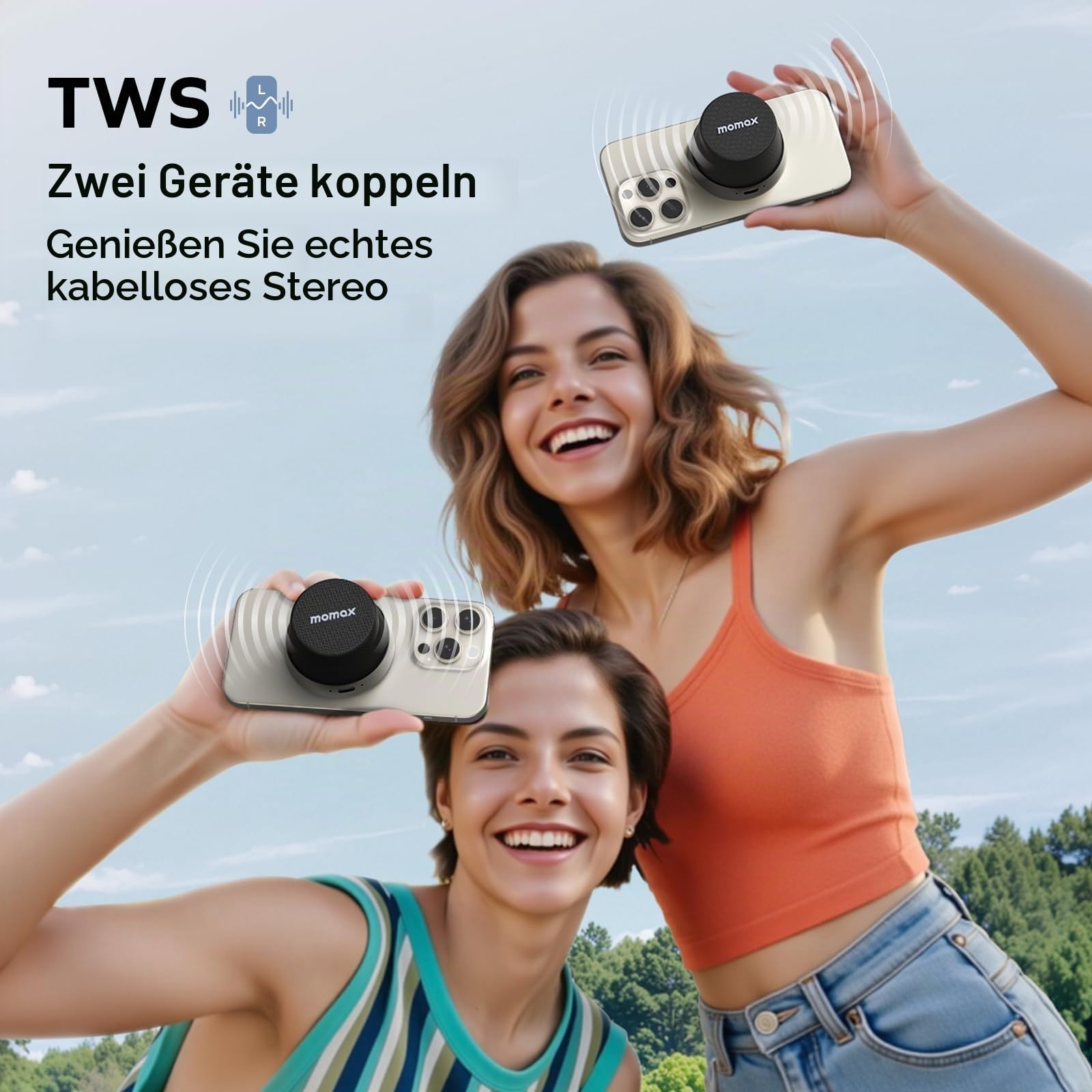MOMAX Magnetisch Tragbarer Wireless Lautsprecher Speaker, IPX6 Wasserdicht Mini Musikbox,Verbesserter Bass, 12 Stunden Wiedergabezeit, TWS-Stereo,USB-C Outdoor Lautsprecher Klein für Party Desktop