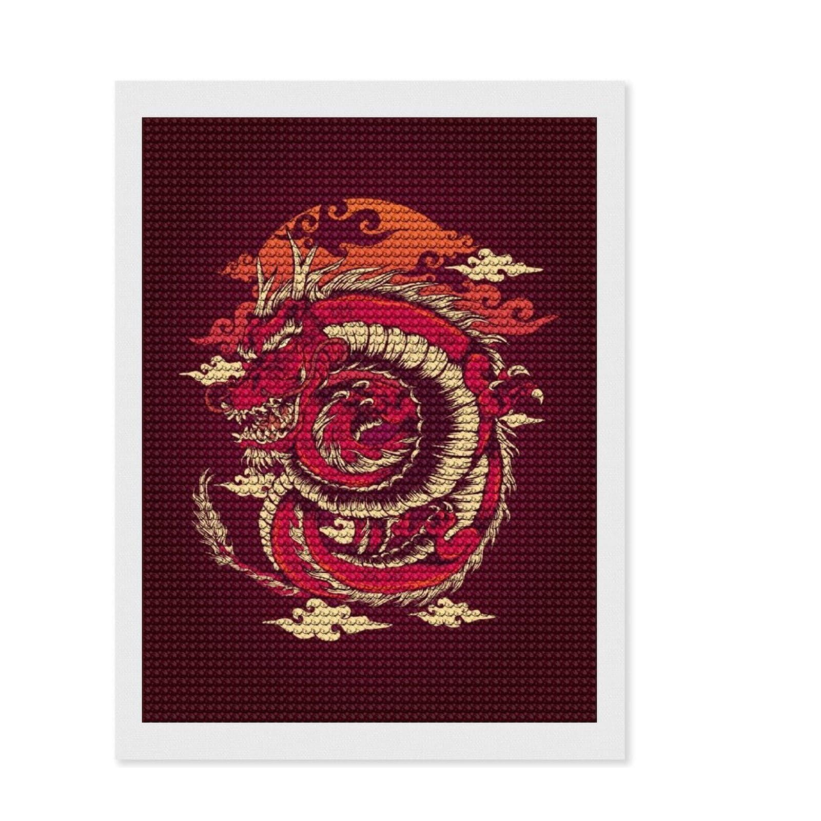 Junmoney The Red Dragon Diamond Painting Set 12"x16", for Craft Lovers, Creative Leisure Activity, Farmhouse Decor, Holiday Gift Idea
