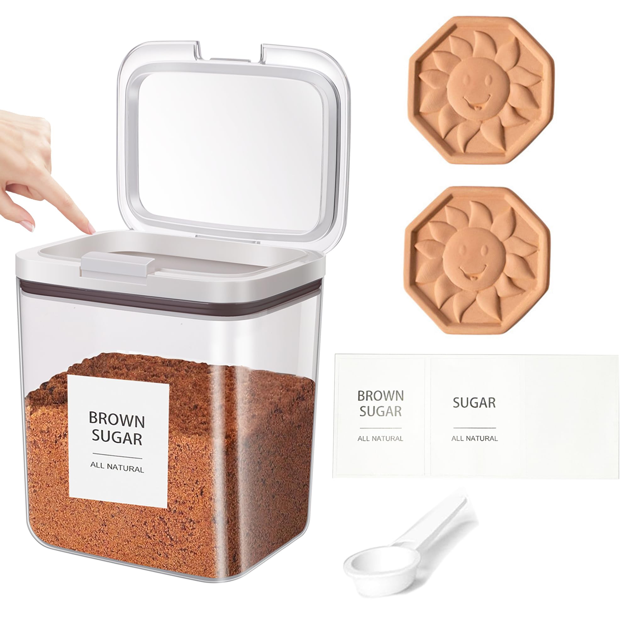 Euiaey Brown Sugar Container Airtight, Brown Sugar Keeper Storage Container with Spoon and Terracotta Savers for Softening, Stackable One-Touch Opening 2.11Qt(68Oz/2L)