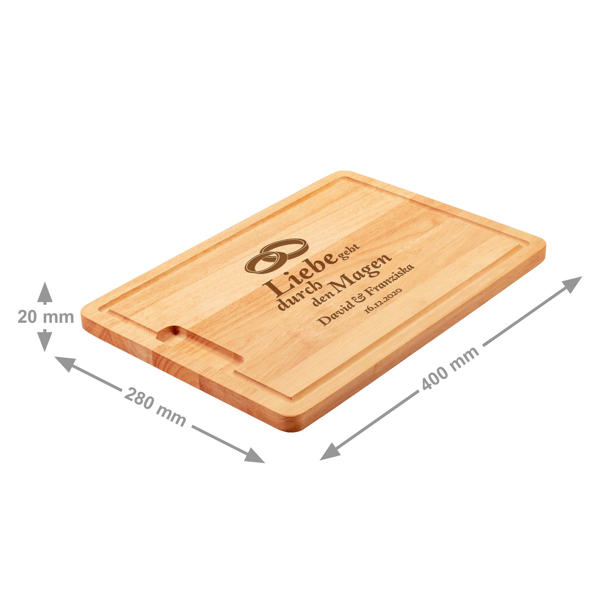 Casa Vivente Schneidebrett mit besonderer Gravur Liebe geht durch den Magen, Motiv Eheringe, Personalisiert mit Namen und Datum, Küchenbrett aus Gummibaumholz mit Saftrille, 40 cm
