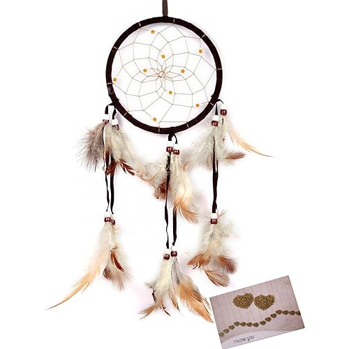 Dream Catchers Brown Handmade Feather Native American Dreamcatcher Circular Net for Car Kids Bed Room Wall Hanging Decoration Decor Ornament Craft, Dia 4.33inch/11cm Length 48cm/18.9inch
