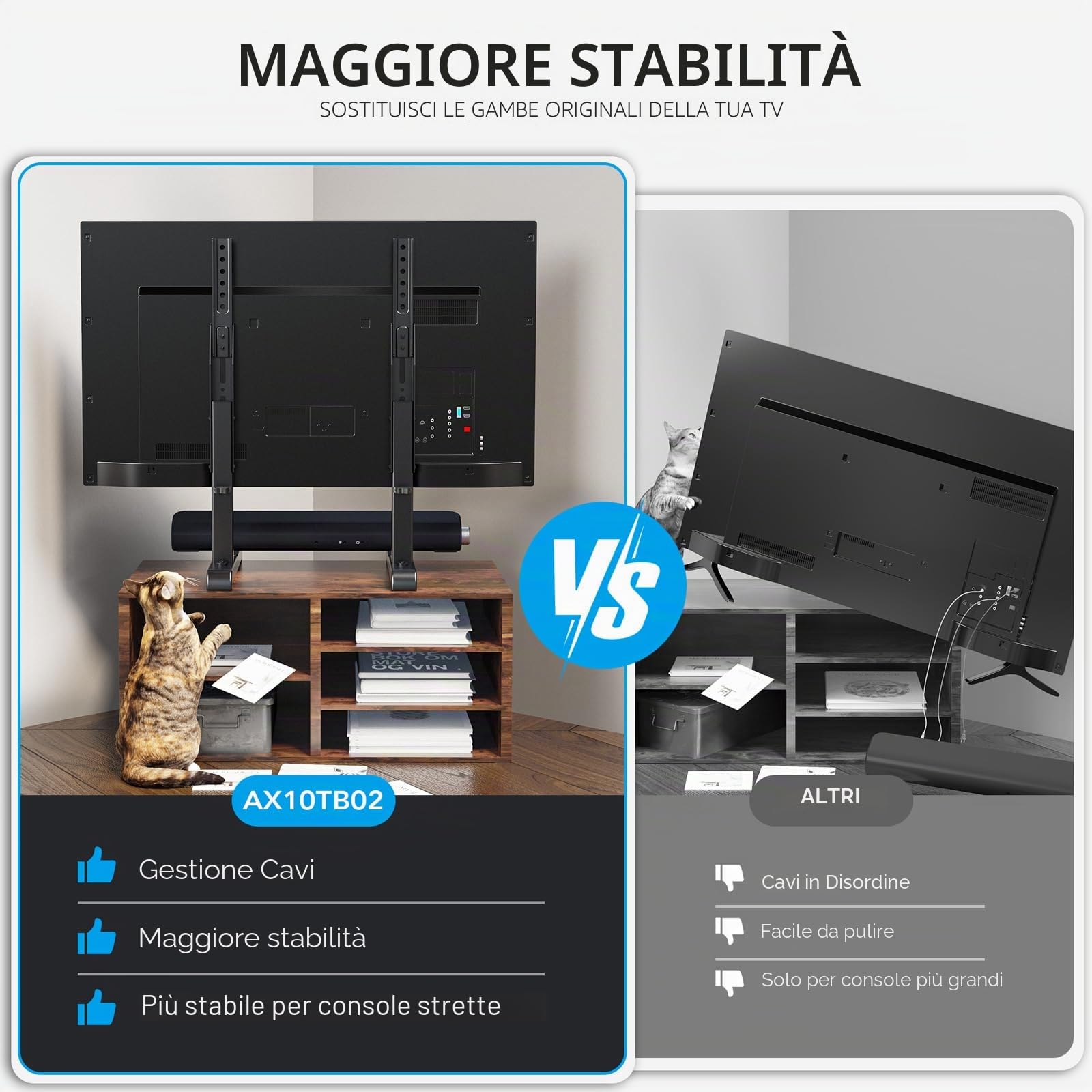 AX WABER Supporto universale per TV, base per TV da tavolo, ricambio senza oscillazioni per la maggior parte dei televisori LCD LED da 24 a 80 pollici, 7 gambe regolabili in altezza per TV fino a 68