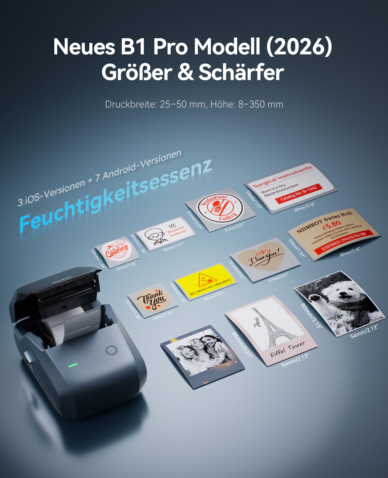 NIIMBOT Etikettendrucker, B1 Pro Etikettiergerät mit Größeres Etiketten, 300 DPI HD Etikettiergerät, Fotodrucker für Fotos, Logo, Wörter, für Zuhause, Büro oder Geschäft, 3 Rollen Etiketten