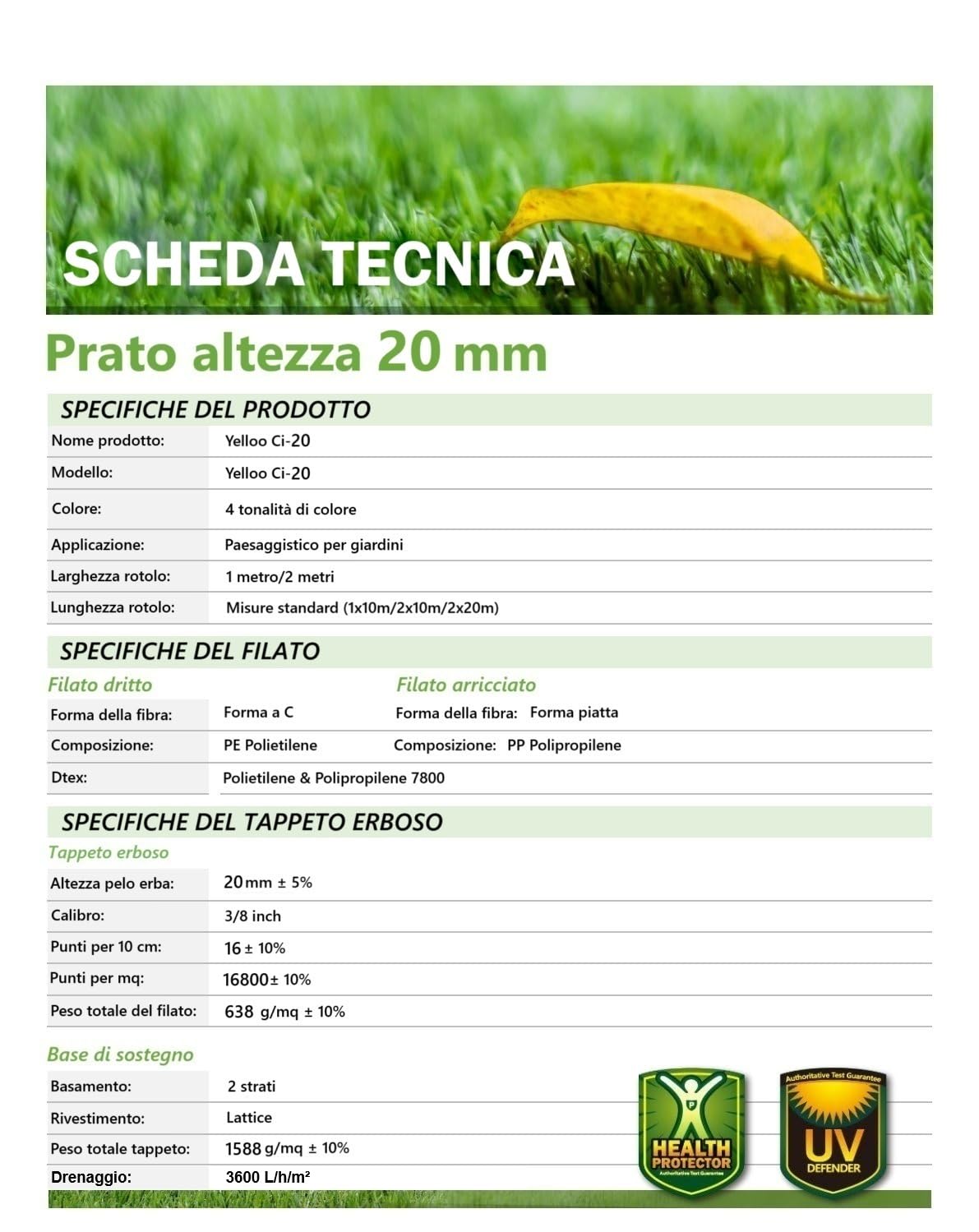 Yelloo - Gazon Synthétique Exterieur (20 mm 1x10m) Pelouse Synthetique Exterieur, Faux Gazon pour Balcon, Terrasse, Herbe Synthetique Exterieur, Tapis Gazon Artificiel, Rouleau Fausse Herbe Exterieur