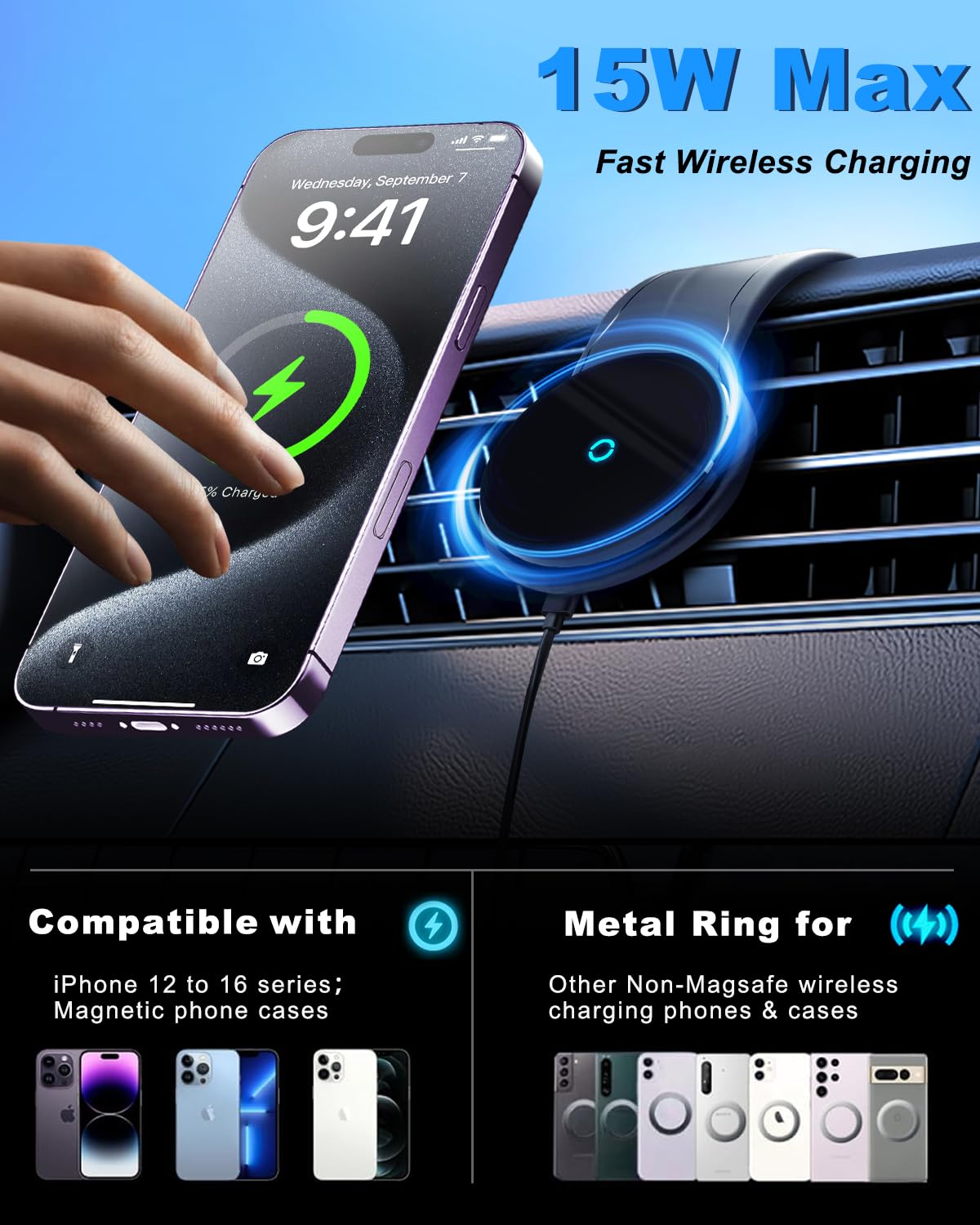 Supporto Magnetico Ricarica Wireless Auto ANKEWAY 15W - Compatibile MagSafe, QC3.0, Per IPhone E Android - Foto 3