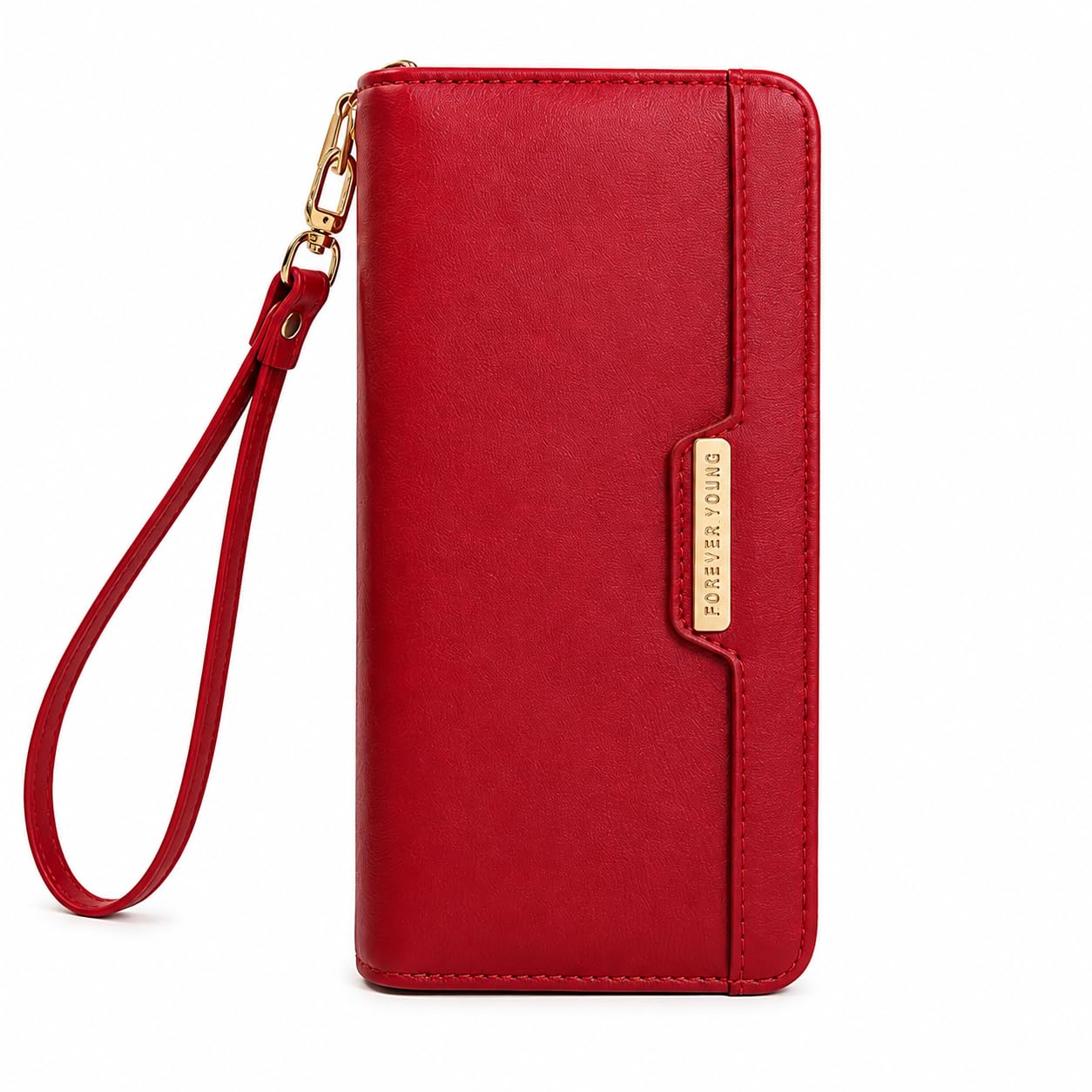 Wine Red Zip-Around Leatherette Wallet for Women with Wrist Strap-image-31