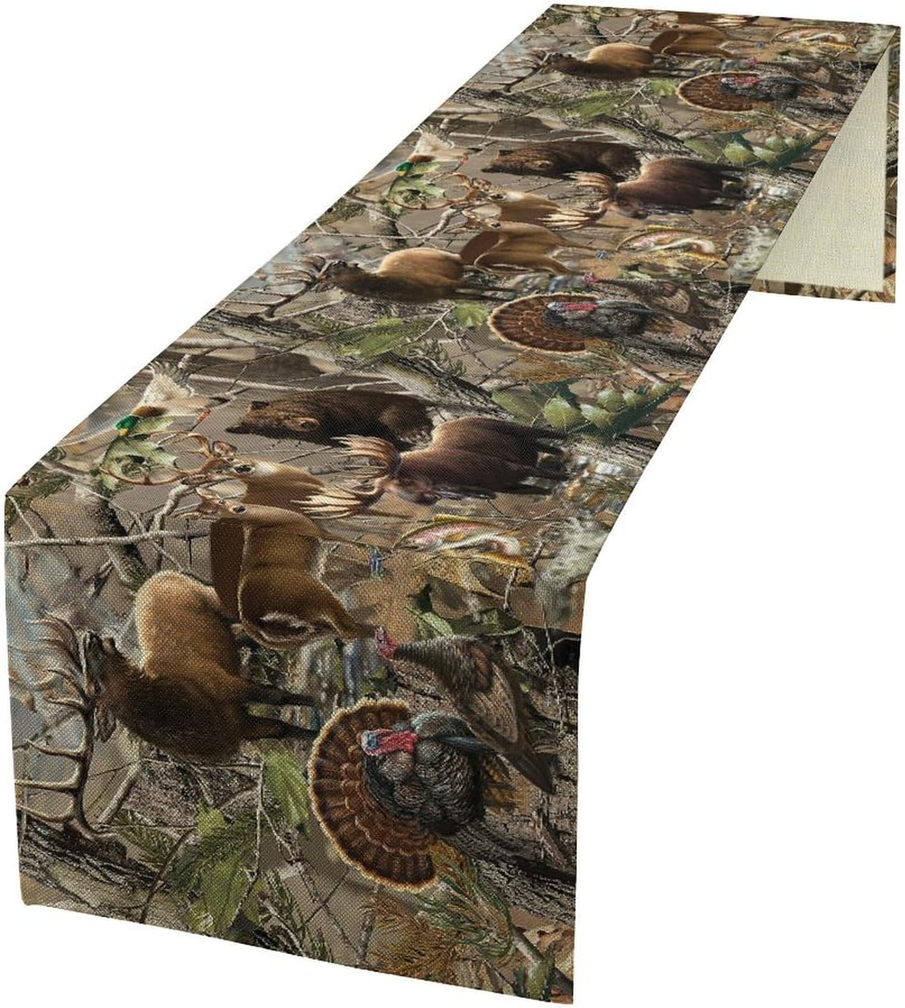 Forest Camouflage Table Runner Dresser Scarves, Camo Rustic Deer Elk Bird Bear Linen Table for Party Kitchen Dining Banquet 13x120in