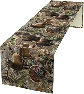 Forest Camouflage Table Runner Dresser Scarves, Camo Rustic Deer Elk Bird Bear Linen Table for Party Kitchen Dining Banquet 13x36in