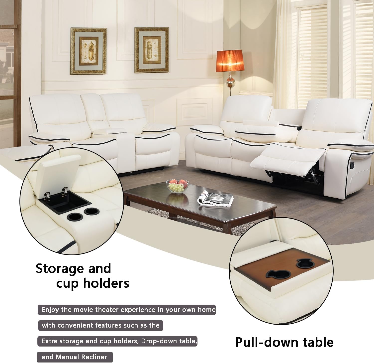 A Ainehome Furniture Living Room Reclining Sofa Sets Vegan Leather Luxury Recliner Sofa Office Recliner Couch and loveseat and Chair for Living Room(B-White Leather,Loveseat+Sofa)