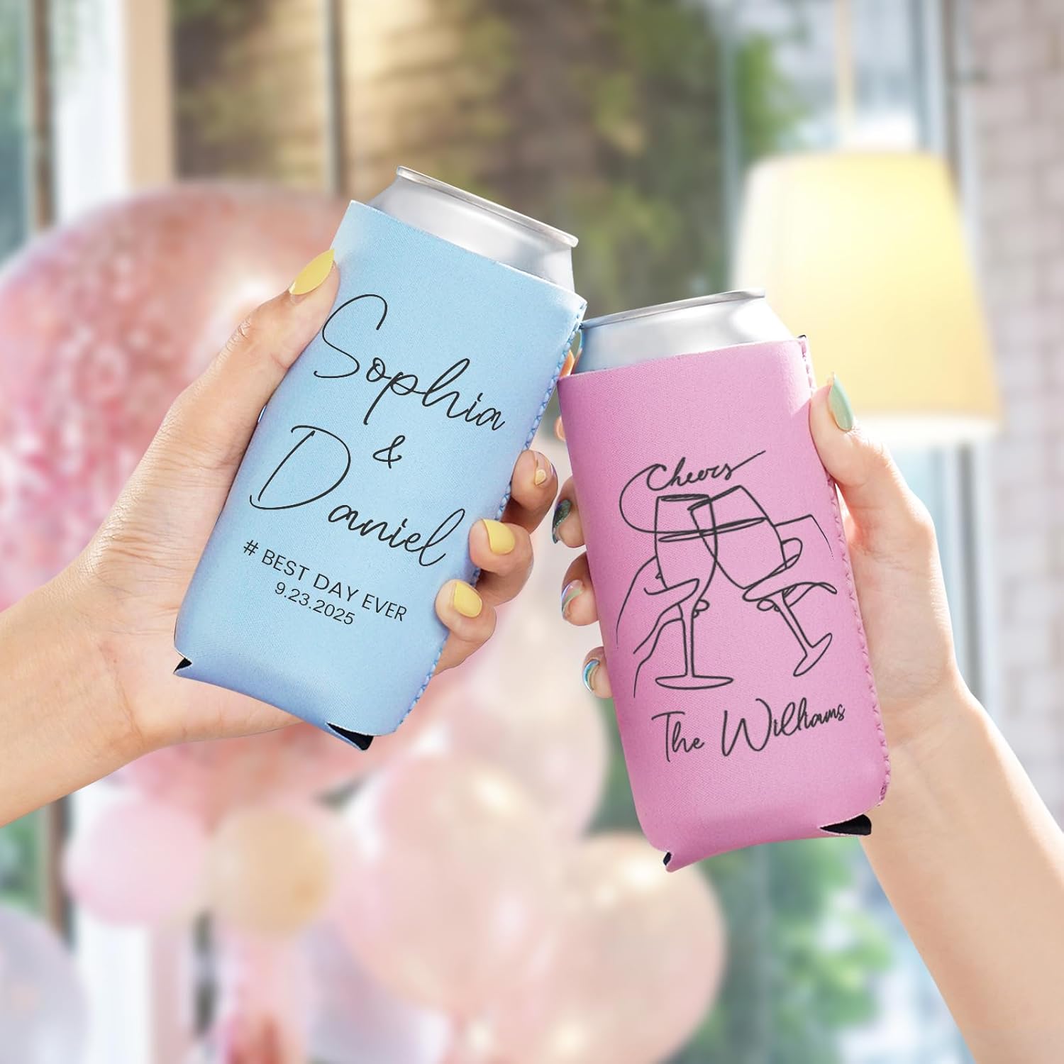 Custom Wedding Can Coolers for Guests Bulk, 100 Pack Personalized Multi-color Can Sleeves with Names Dates Quotes Monogram, Insulated Drink Holder for Wedding Engagement Party Favors, 12 oz Slim