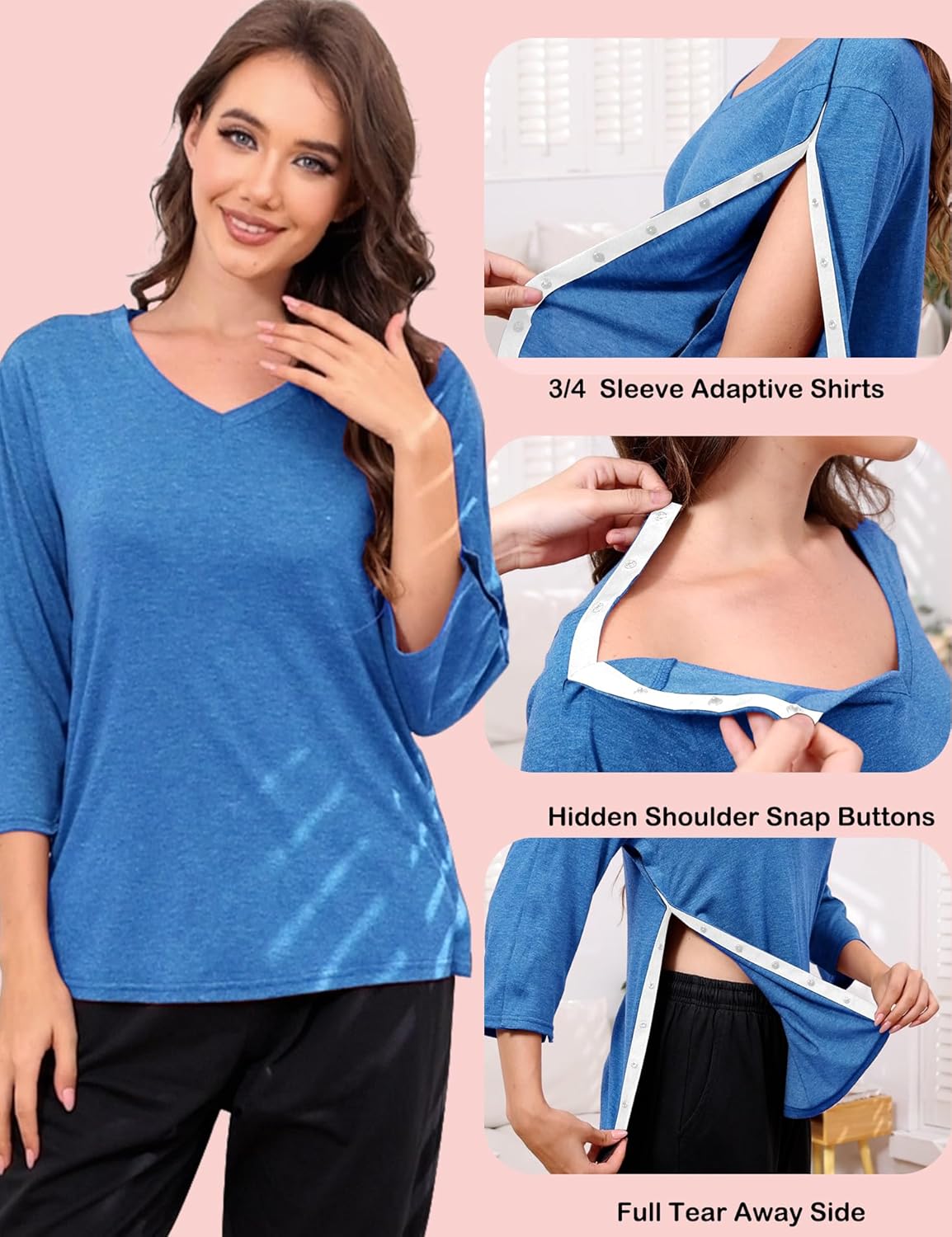 Post Shoulder Surgery Shirts for Women Tear Away 3/4 Sleeve Full Open Side Snap Dialysis Chemo Adaptive Clothing - Image 4