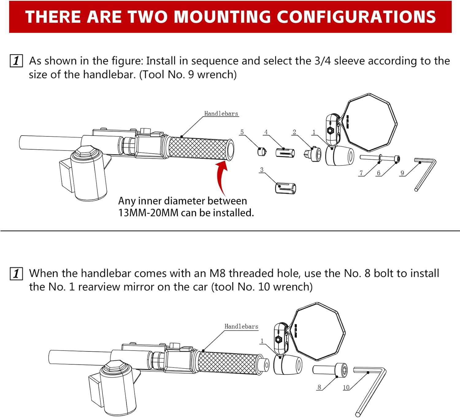 Motorcycle Bar End Mirrors (Pack of 2), Fits 1/2" & 7/8" Handlebars, Aluminum Alloy Build, Anti-Shatter Adjustable Design, Compatible with Cruisers, Street Bikes, Sport Bikes, ATV, Scooters