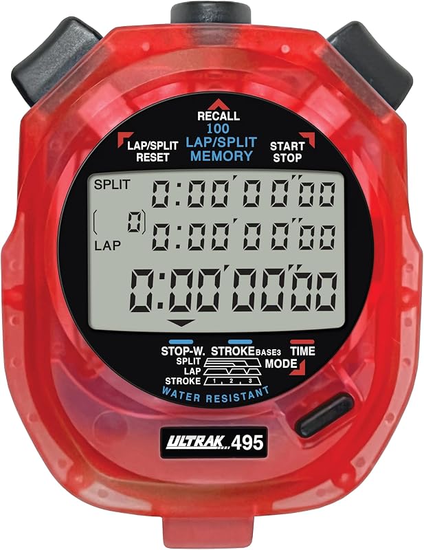 Cronómetro ULTRAK 495 - Temporizador digital profesional rojo de 100 vueltas, rastreador de intervalos de cuenta regresiva, reloj deportivo resistente al agua, cronógrafo para entrenamiento y entrenamiento