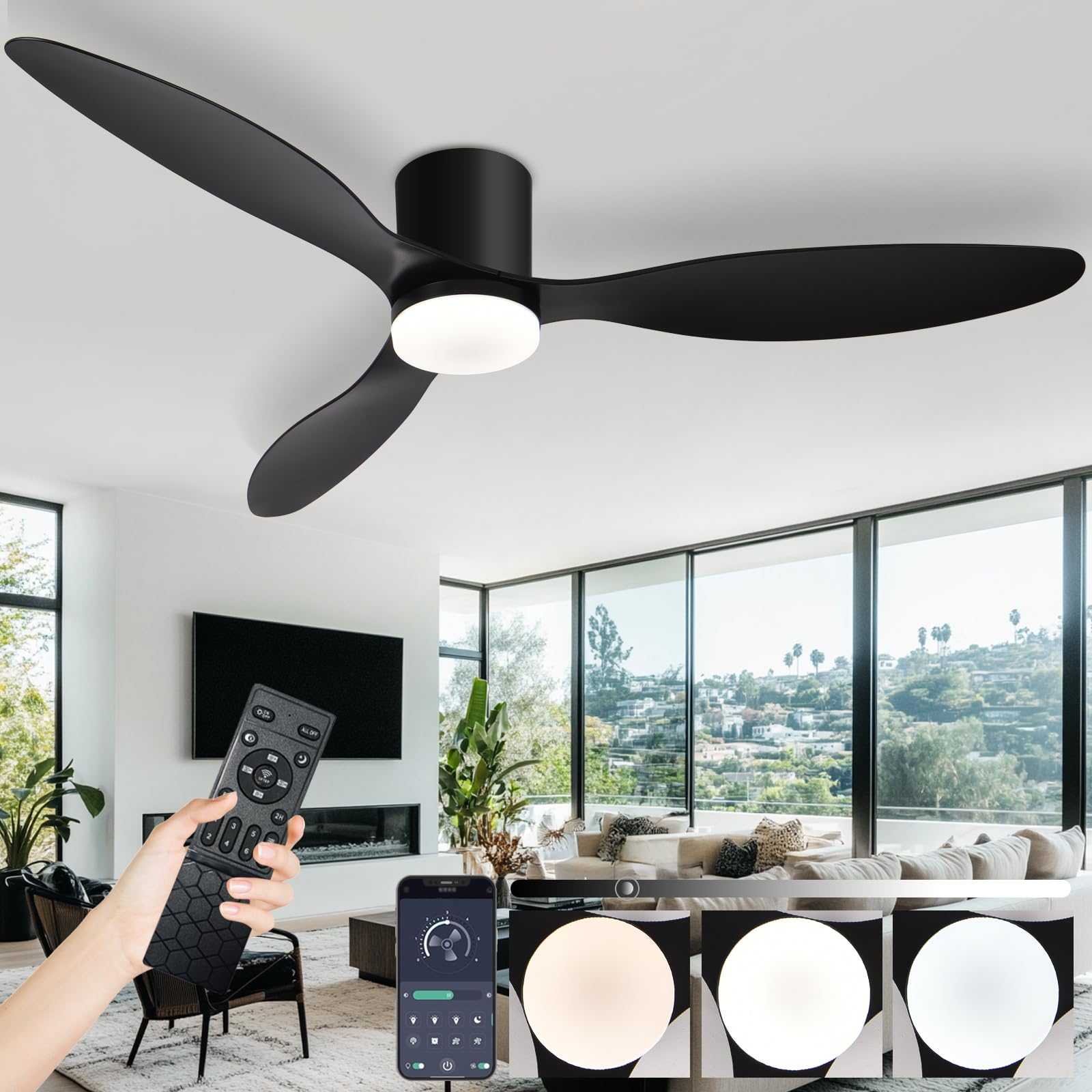 SXDMOUBK 42in Black Ceiling Fan Light Fixture with Remote Control Silent Operation Dimmable LED 6 Speed Reversible DC Motor Modern Design Timer Function Indoor Use