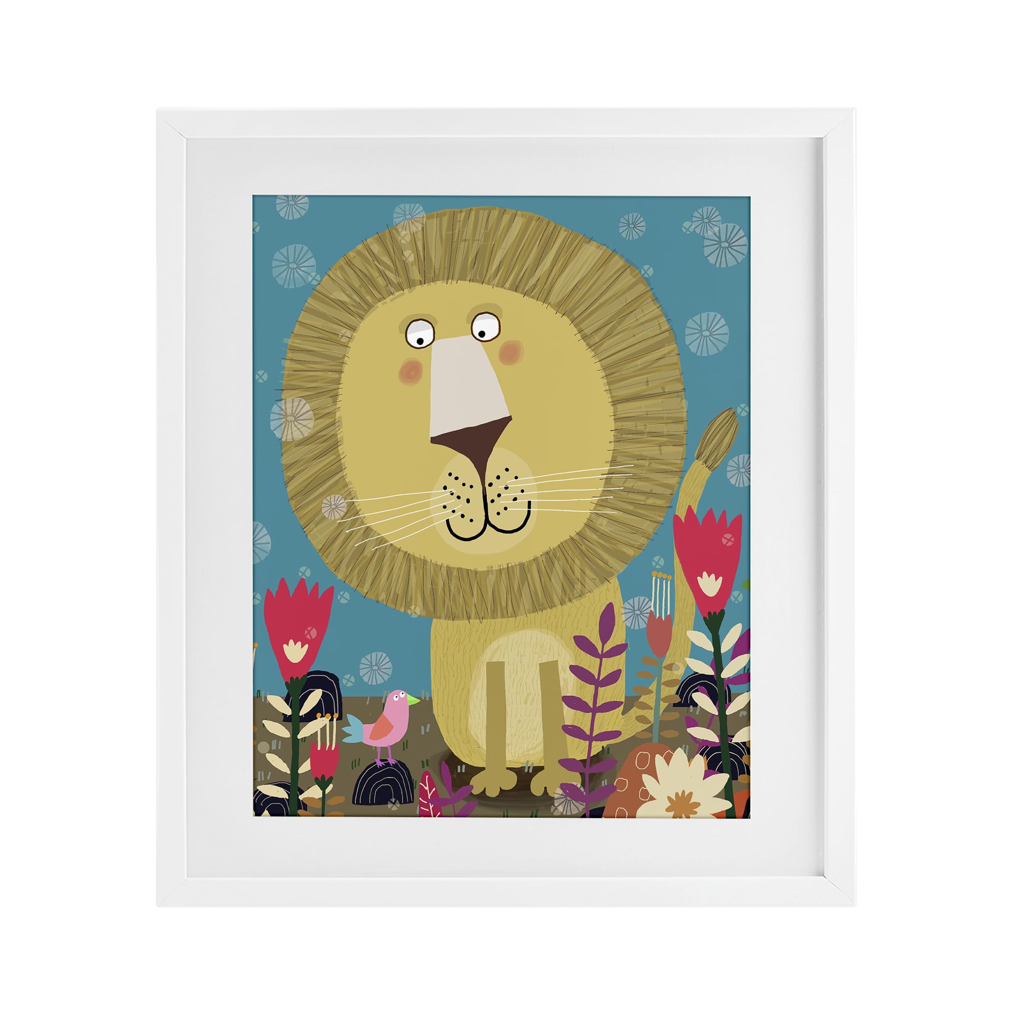 Stupell Industries Coastal White (Textured) Boho Lion Floral Nursery Charm, 17 X 21 Inch Framed Print Under Glass