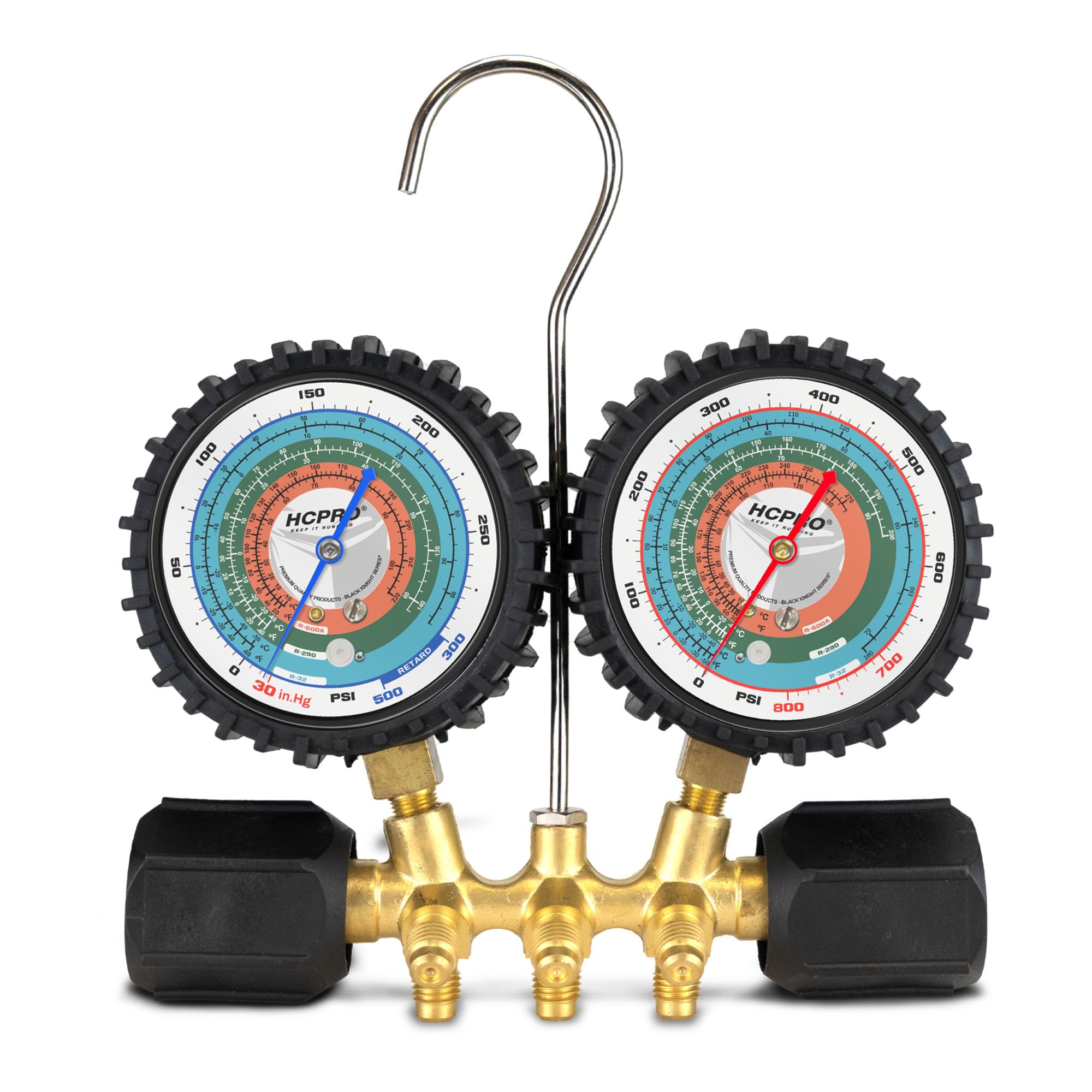 HCPRO Manifold Gauge Set R32 R290 R600 Hydrocarbon Refrigerant | Dual Scale F/C PSI | HVAC AC Brass Gauges 3-1/8" 800 PSI | 36" Hoses 4000 PSI Burst | Professional Service Kit