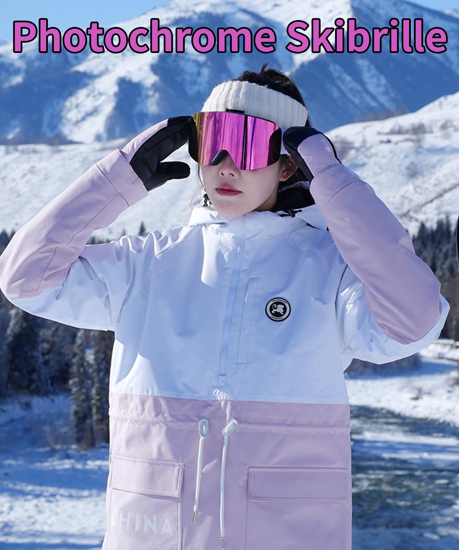 Masque de Ski Photochromique, Lunettes de Ski Anti-Brouillard, Masque Ski UV400, Masques et Lunettes de Ski Homme Femme (Rouge)