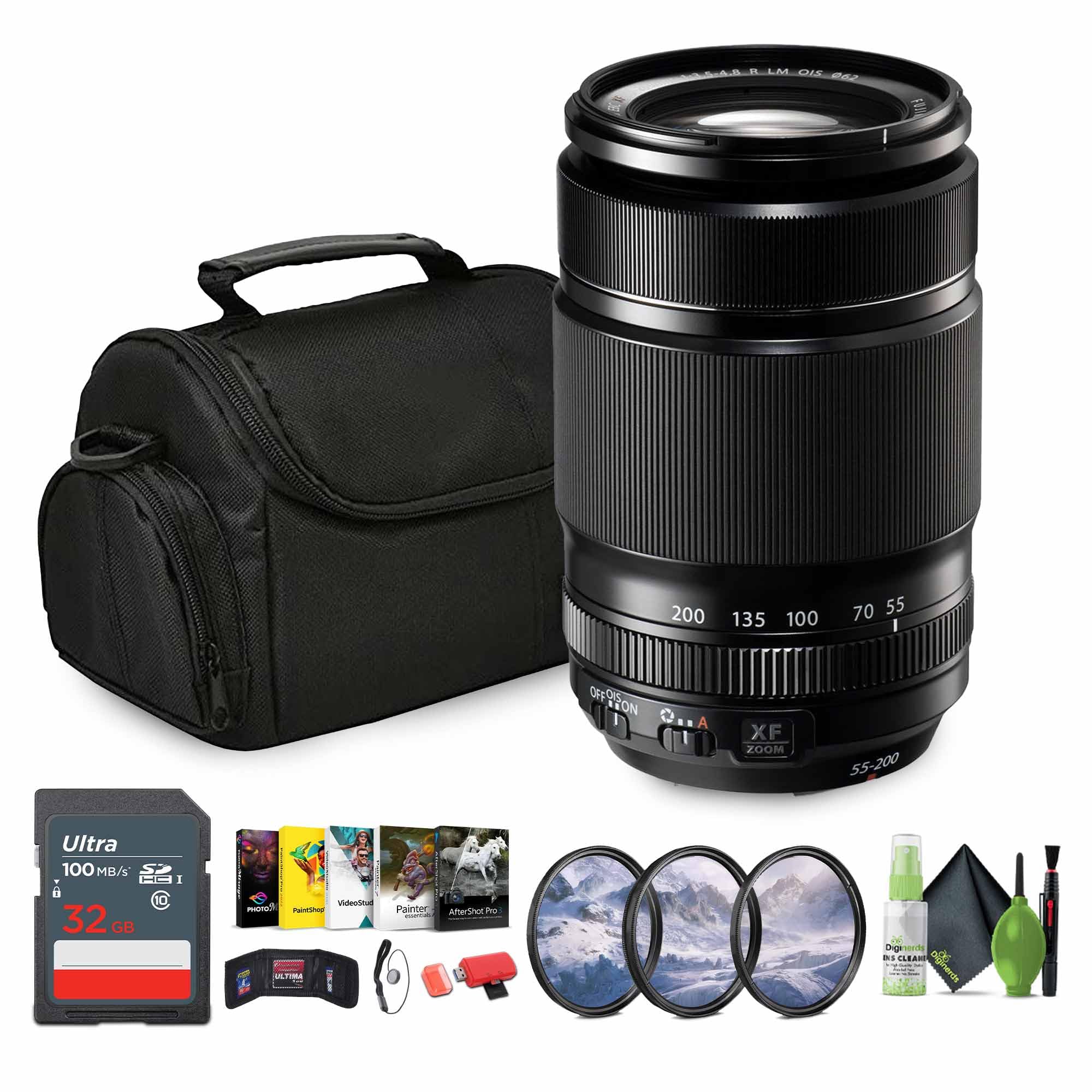 FUJIFILM XF 55-200mm f/3.5-4.8 R LM OIS Lens Bundle with Soft Lens Case + 32GB Memory Card + 62mm 3 Piece High Resolution Filter Kit + More