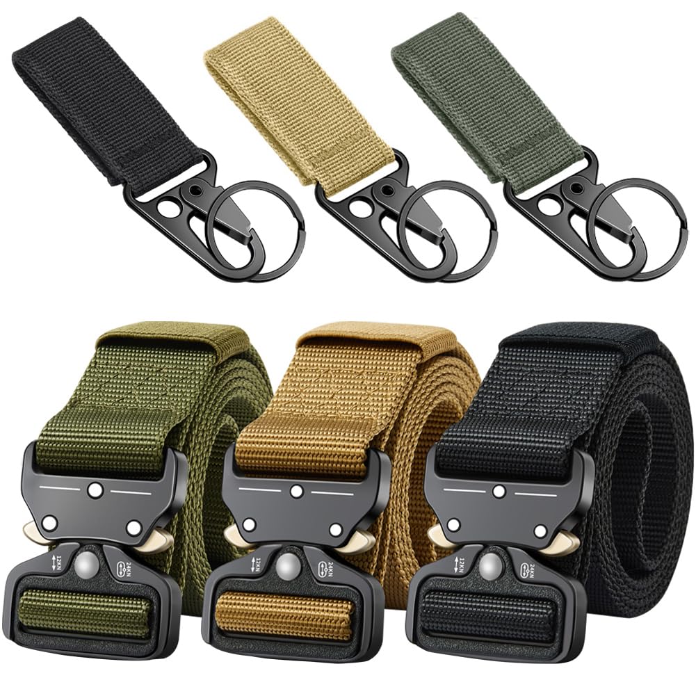 3 Packs Tactical Belt, Military Style Webbing Riggers Web Belt Heavy-Duty Quick-Release Metal Buckle Belt for Men