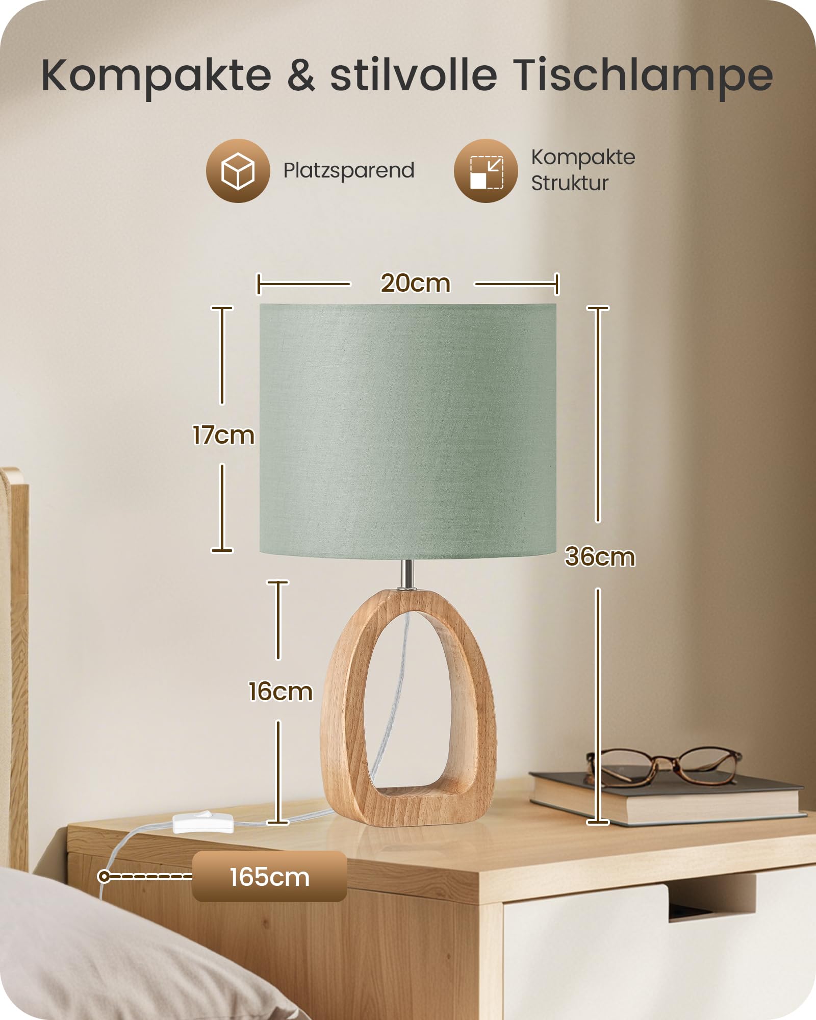 Lampada da comodino in legno verde | Massiccio con base a forma di anello, paralume in lino, include una lampadina LED 2700 K, per soggiorno, camera da letto